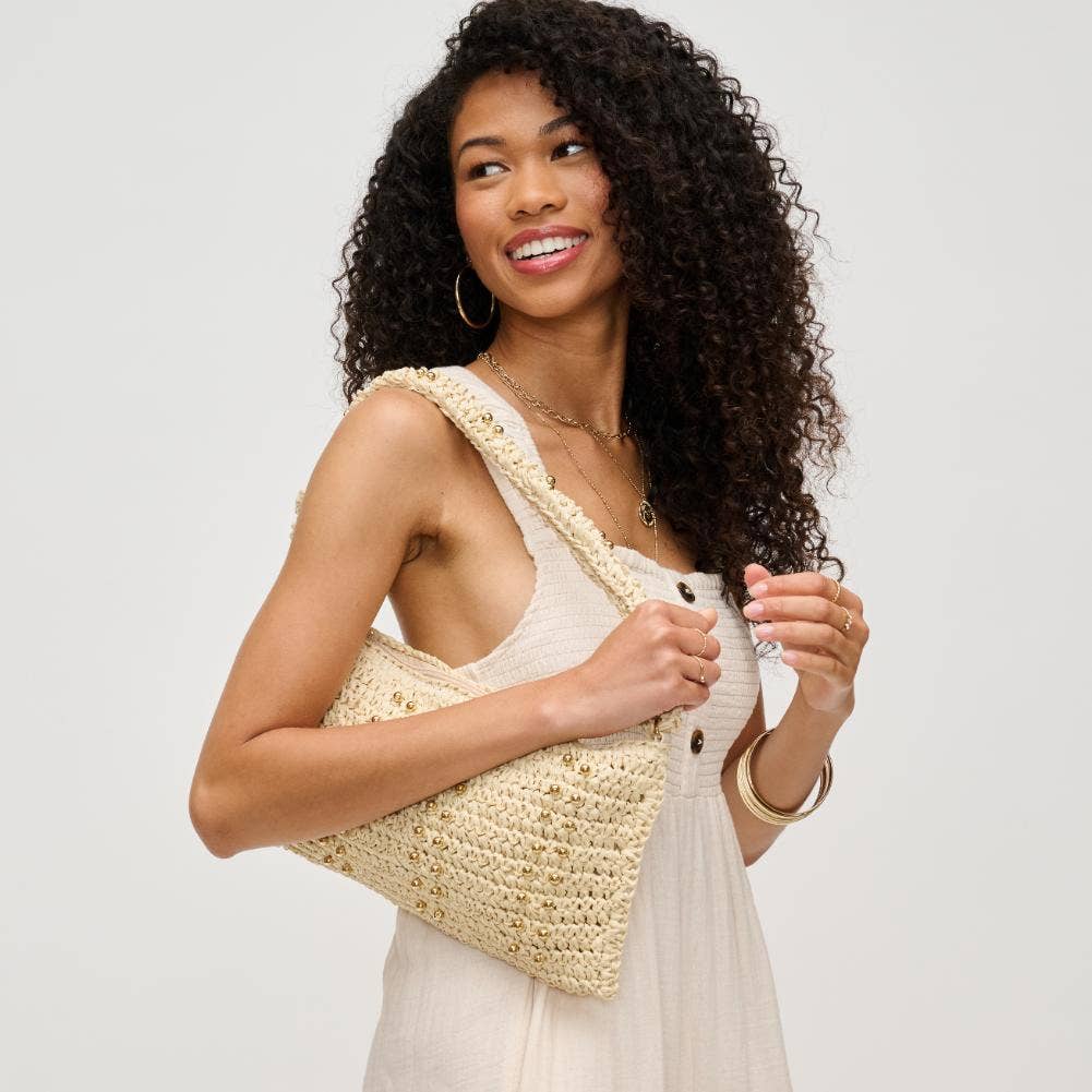 Urban Expressions Clarissa seasonal straw shoulder bag with a woven design and stylish shoulder strap.
