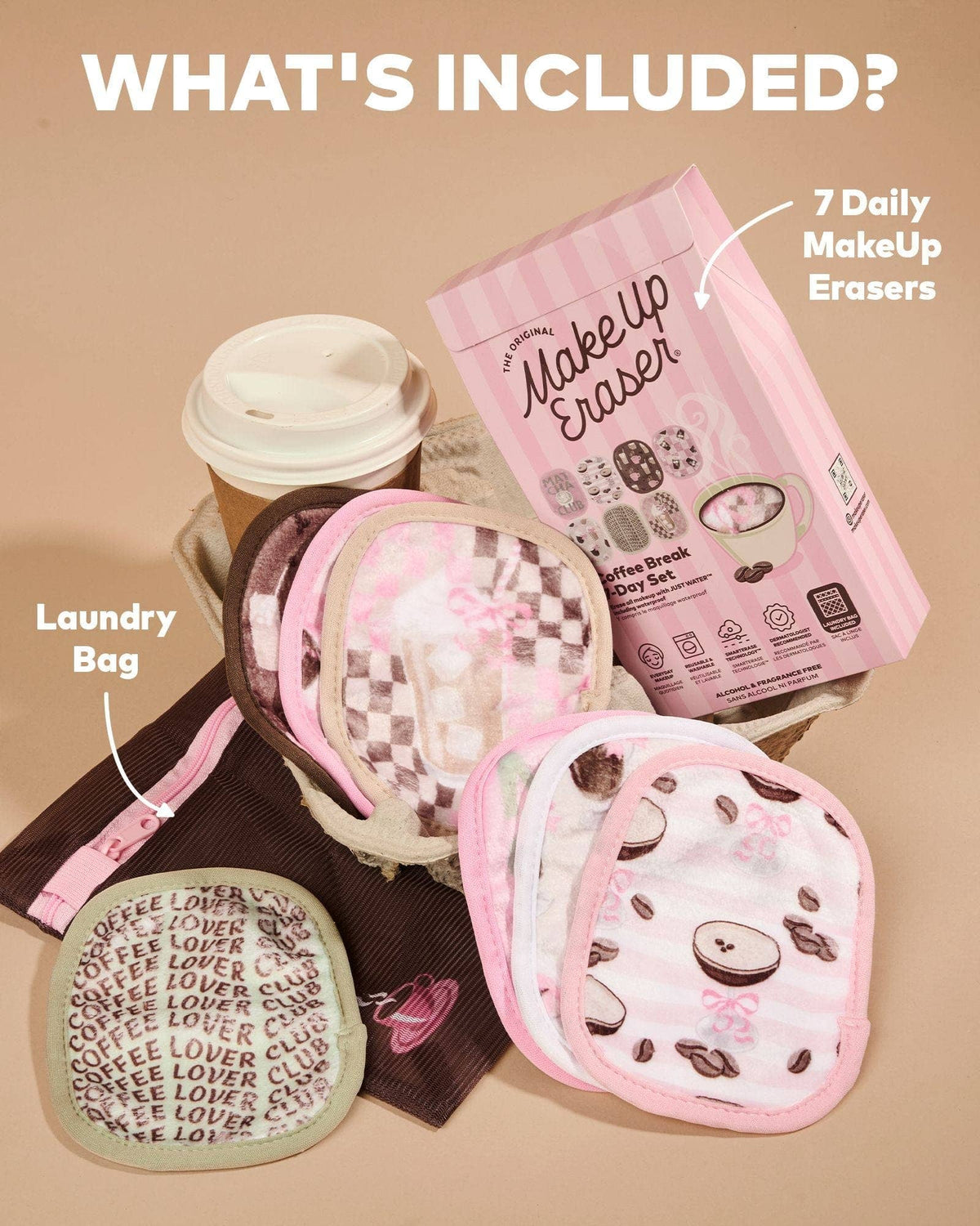 Skincare Coffee Break 7-Day Set by The Original MakeUp Eraser, featuring colorful cloths and skincare accessories arranged together.
