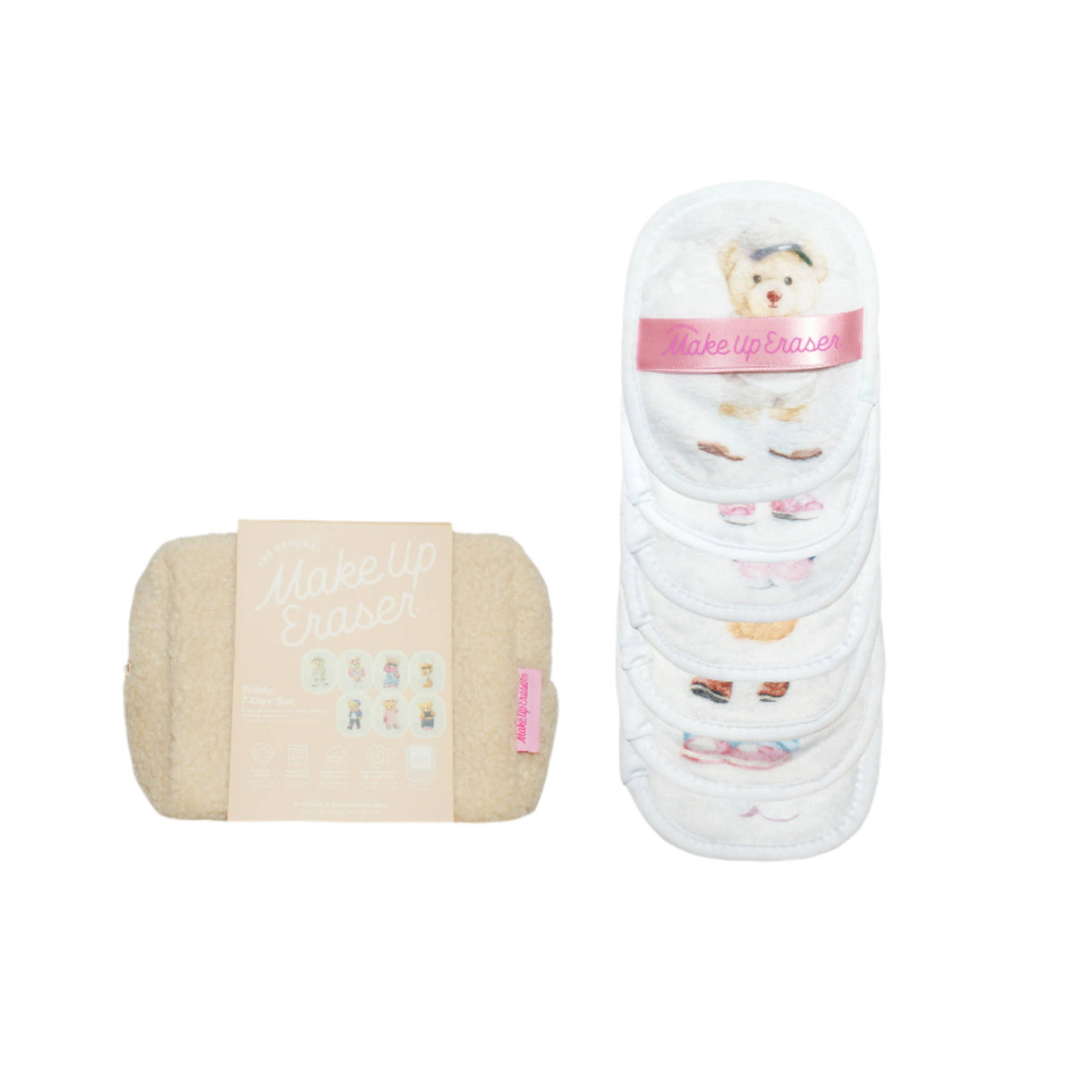 The Original MakeUp Eraser Teddy Bear 7-Day Gift Set featuring skincare cloths and accessories in a cute bear-themed packaging.
