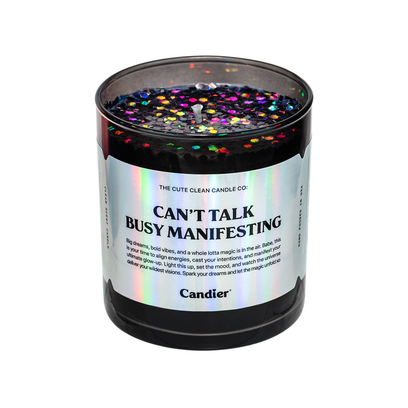 Candier Can't Talk Busy Manifesting hand-poured candle in a jar, featuring a natural wax finish and a labeled design.