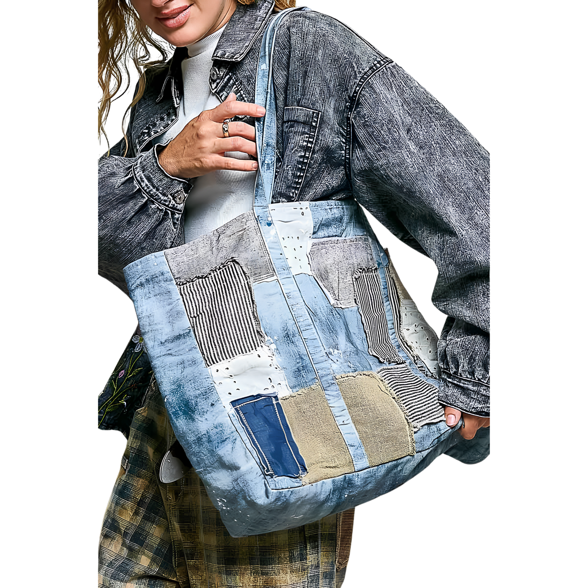 Unique Mix Patchwork Vintage Denim Casual Tote Bag