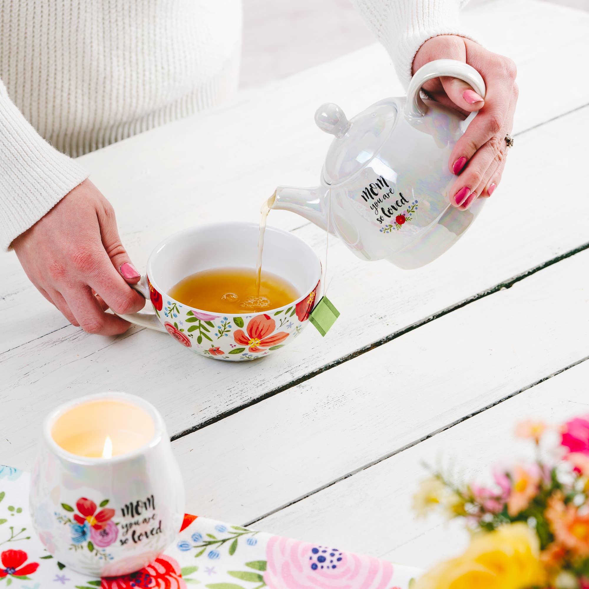 Pavilion Mom Tea for One set featuring a 14.5 oz teapot and 10 oz cup with floral design and matching colors.