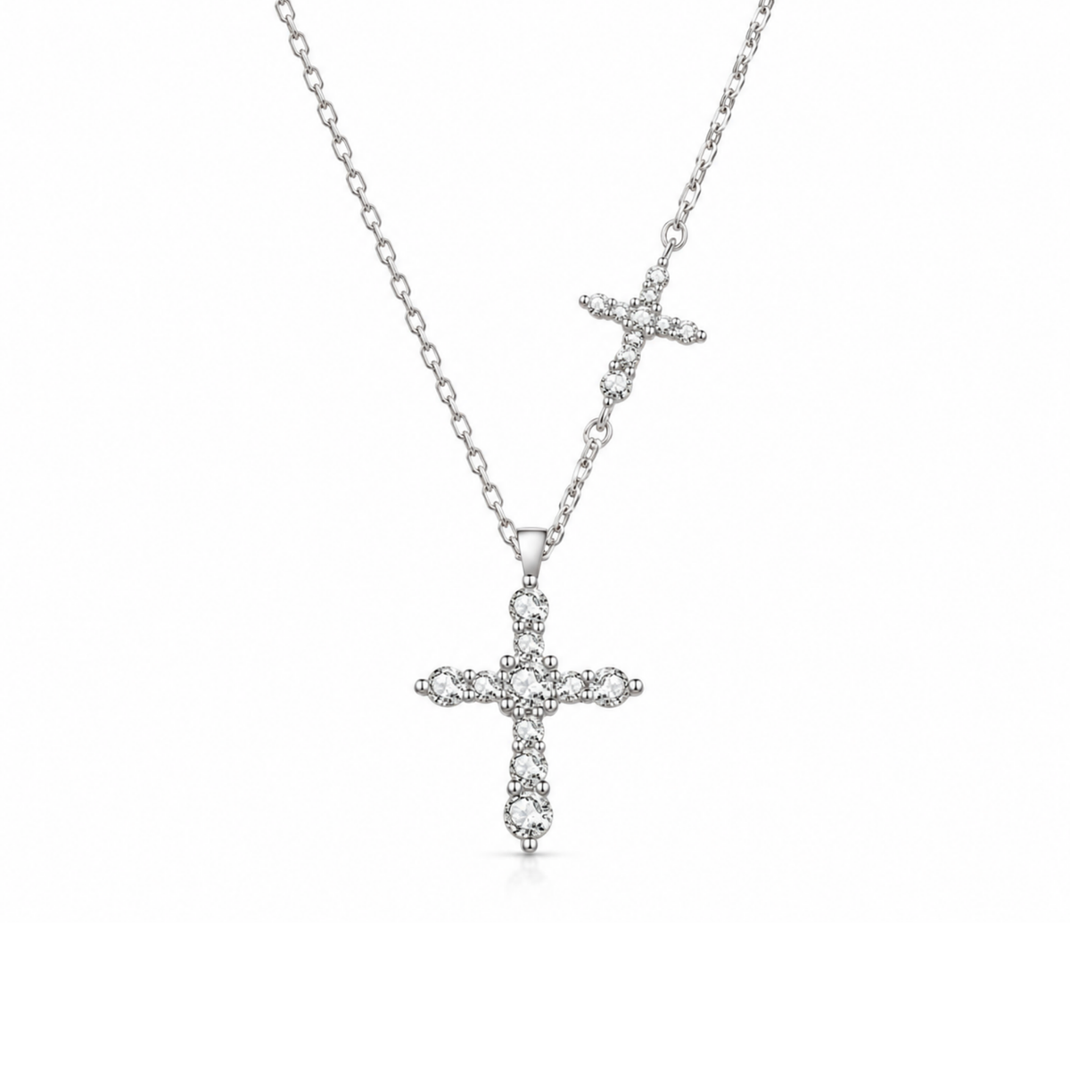 Dual Pavé Moissanite Cross Necklace in 925 Sterling Silver