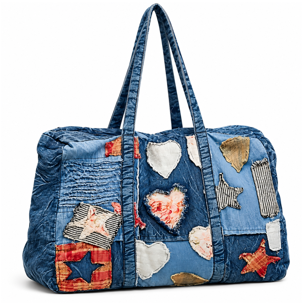 Vintage denim tote bag with patchwork design, casual style, private label brand, featuring a spacious interior and sturdy handles.