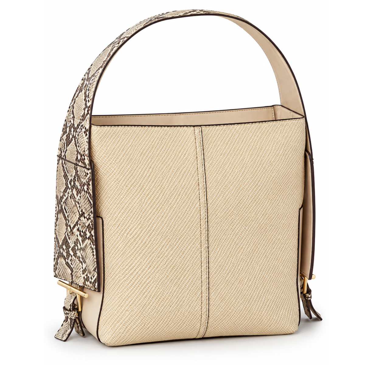 Dolce Vita Annalise mixed media shoulder bag with leather and fabric panels, featuring a stylish design and shoulder strap.