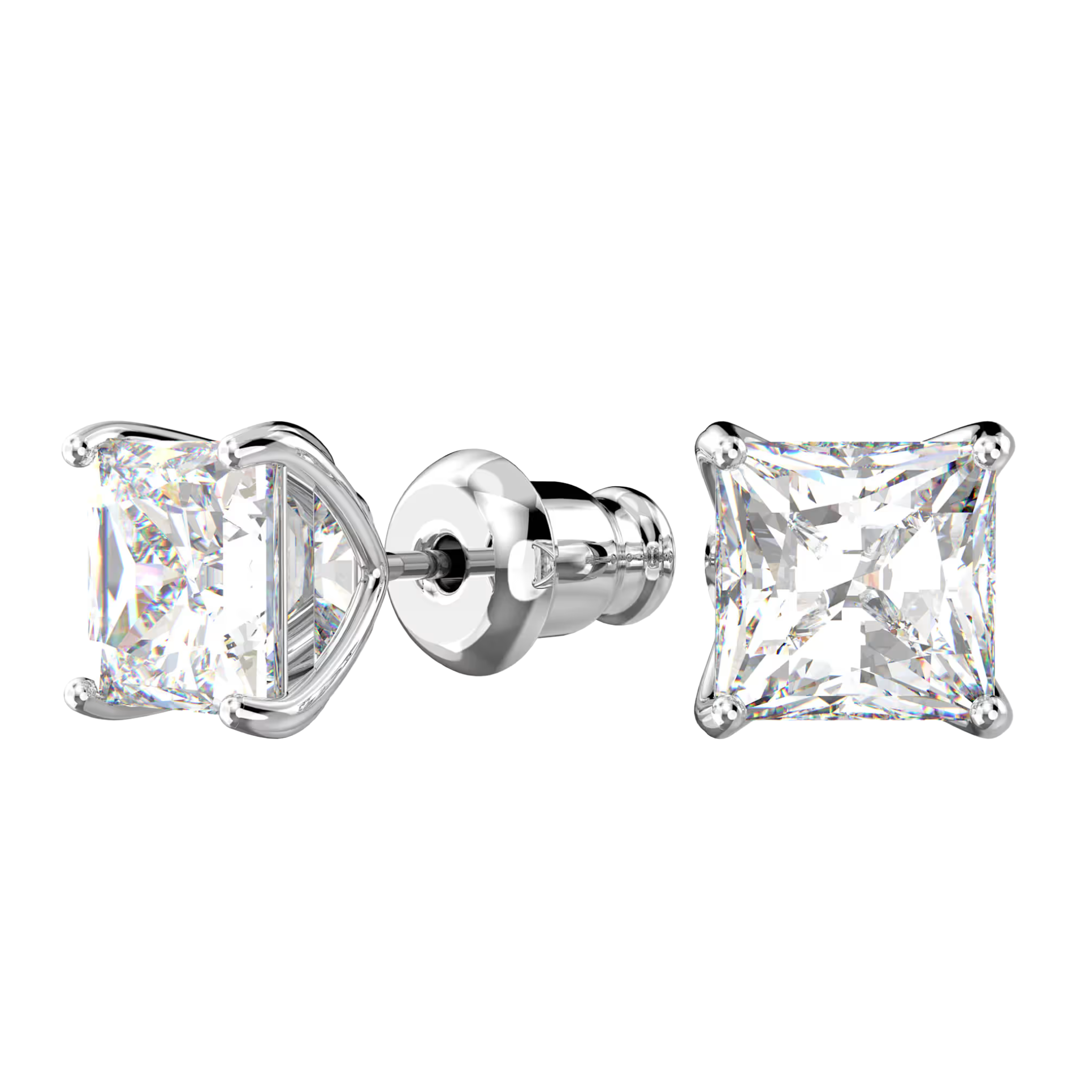 Princess cut sterling silver platinum studs earrings with a sleek and elegant design, showcasing a sparkling finish.