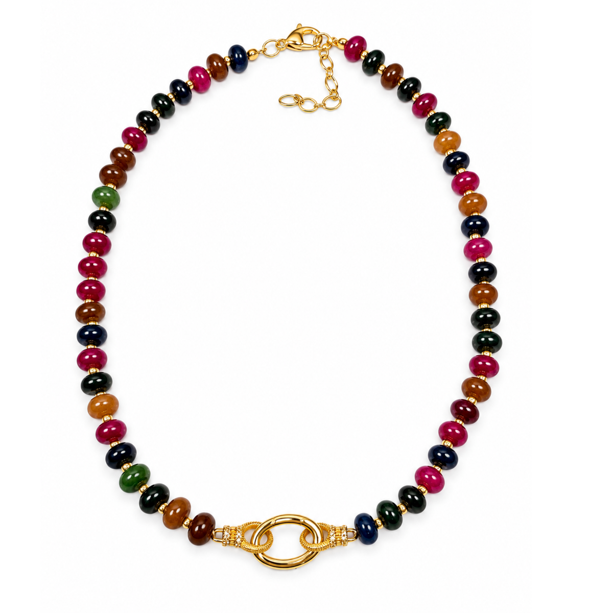 Colorful gemstone beaded necklace with charm catcher, featuring vibrant beads and a decorative charm, perfect for stylish accessories.