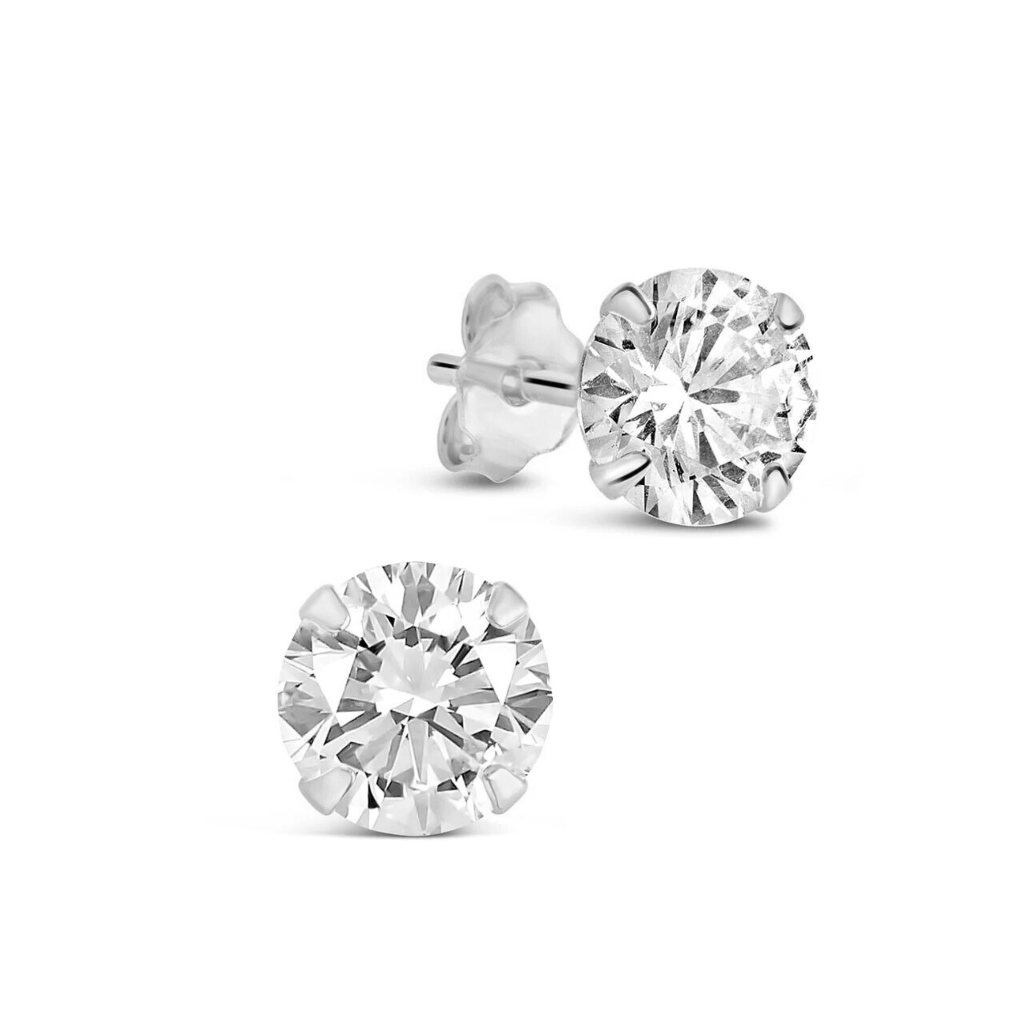 Sterling silver stud earrings with medium cubic zirconia stones, private label brand, displayed on a plain background.