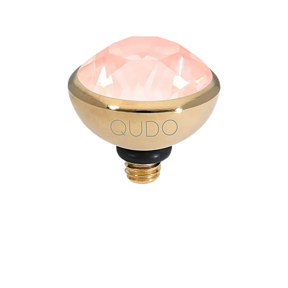 QUDO Rose Opal and gold ring with 10mm round button top, elegant jewelry piece featuring a rose opal gemstone and gold accents.