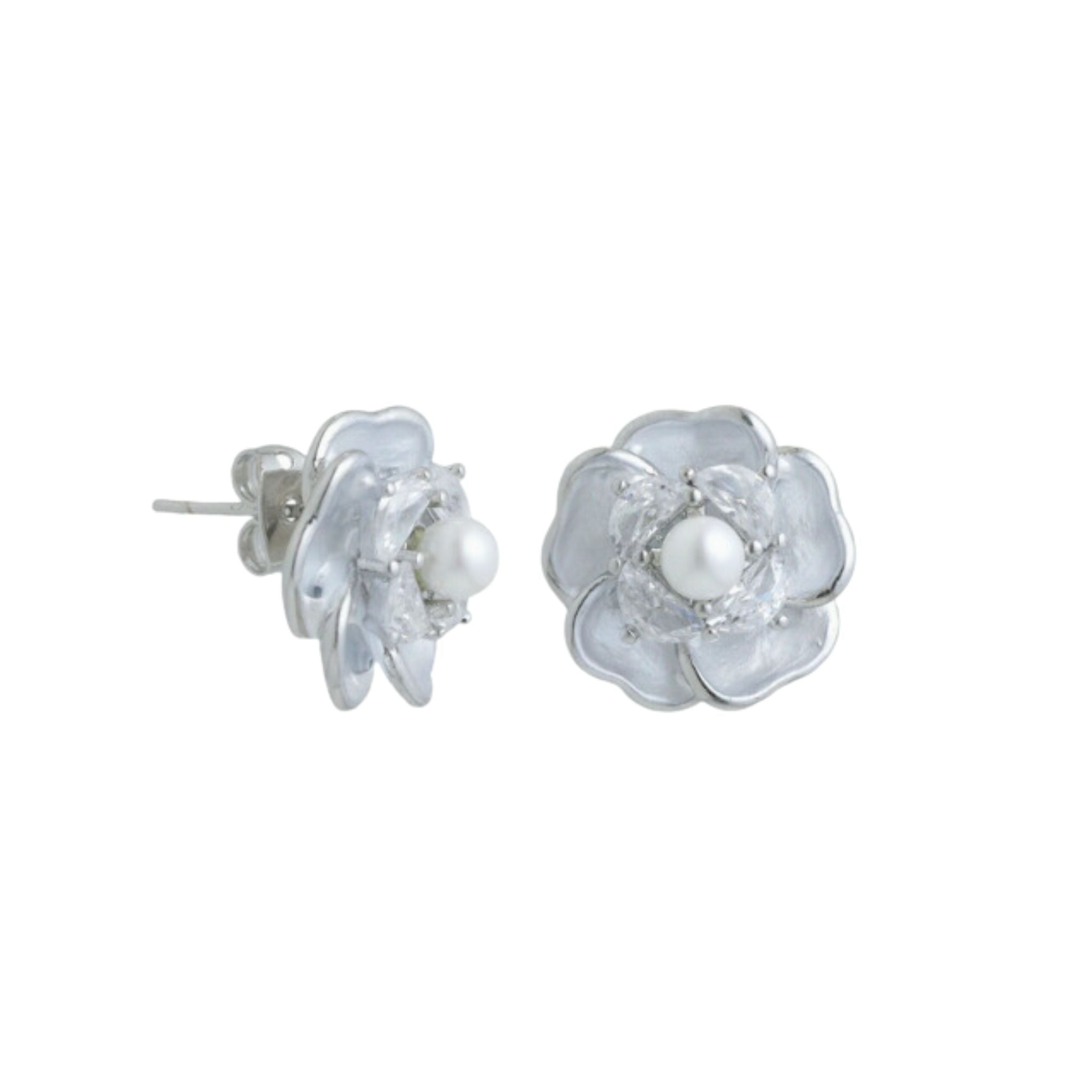Silver Flower White Pearl Studs - Let's Bag It