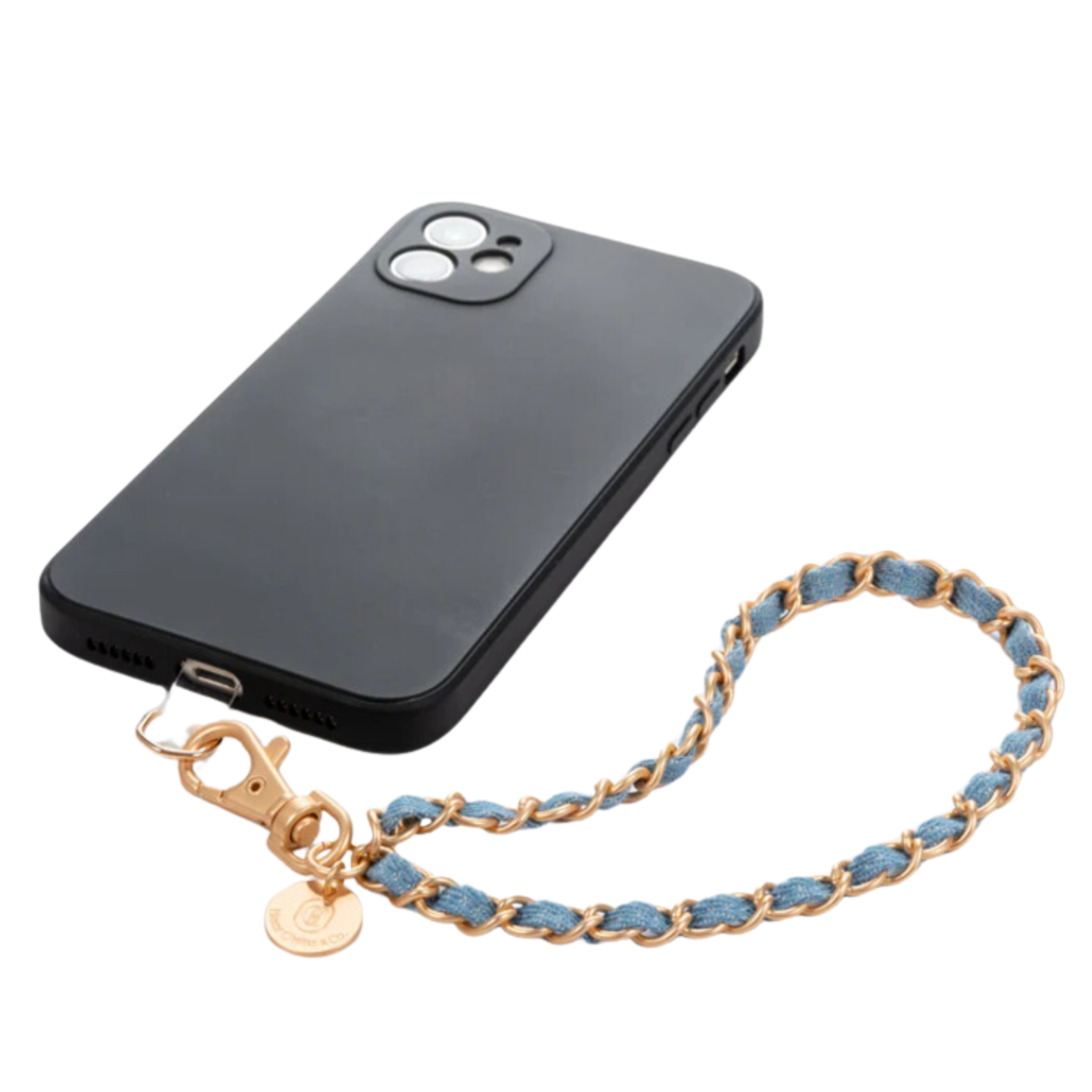 Miami Chains & Co OG Denim Wristlet phone chain featuring a stylish denim strap and secure attachment for phones and accessories.
