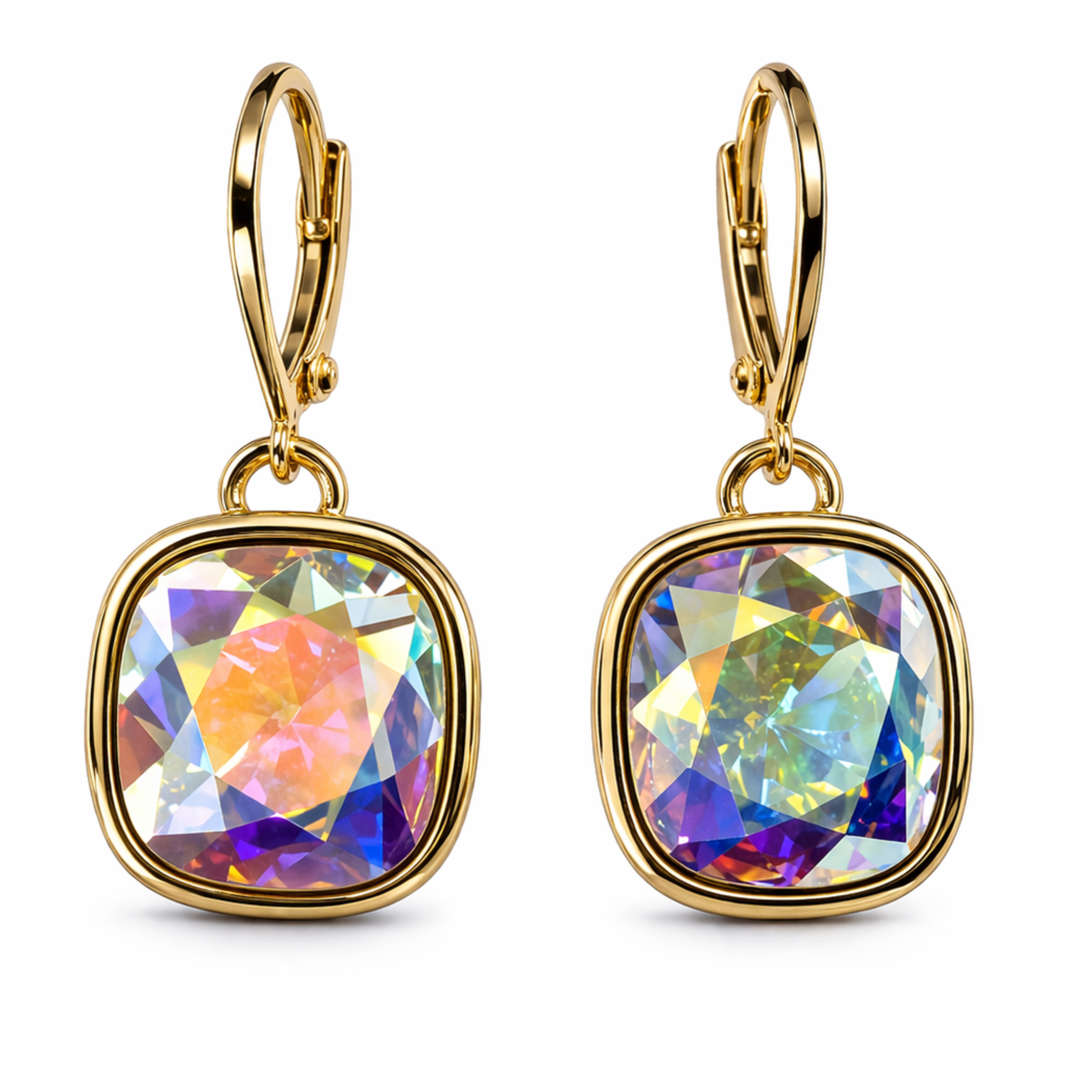 Cathie Nilson framed drop earrings featuring elegant geometric design and gold-tone finish, hanging delicately against a neutral background.