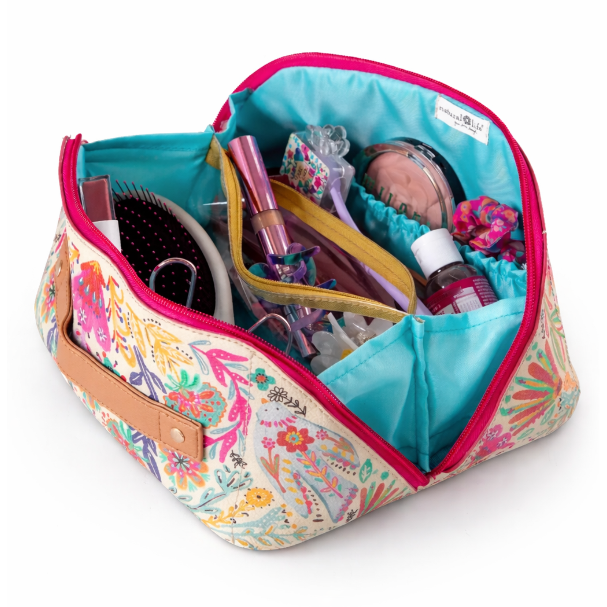 Cream folk flower travel cosmetic organizer pouch from Natural Life with floral pattern and multiple compartments.