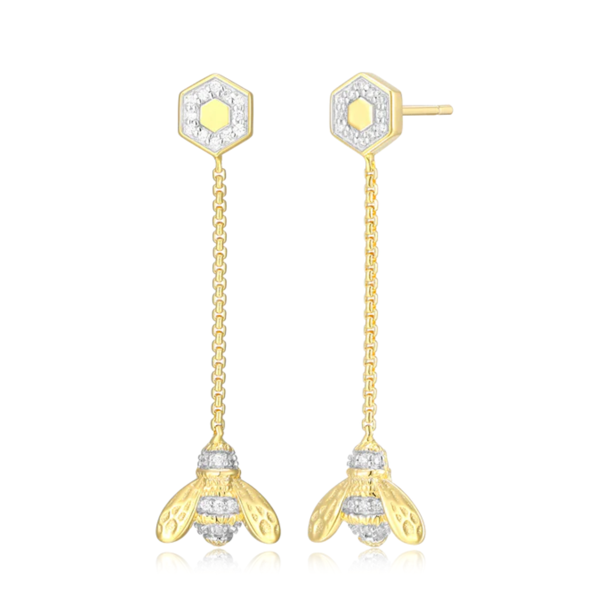 Honey Bee Dangle Stud Earrings in 14k Yellow Gold Plated Sterling Silver - Let's Bag It