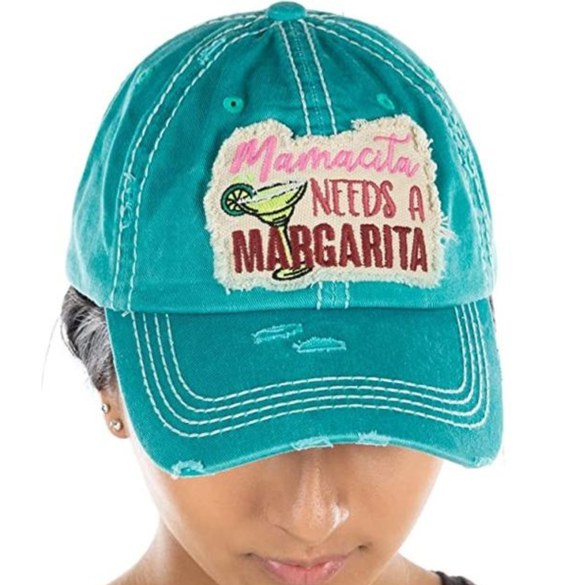 Vintage patch hat by Funky Junque featuring turquoise fabric and a colorful "Mamacita Needs A Margarita" design.