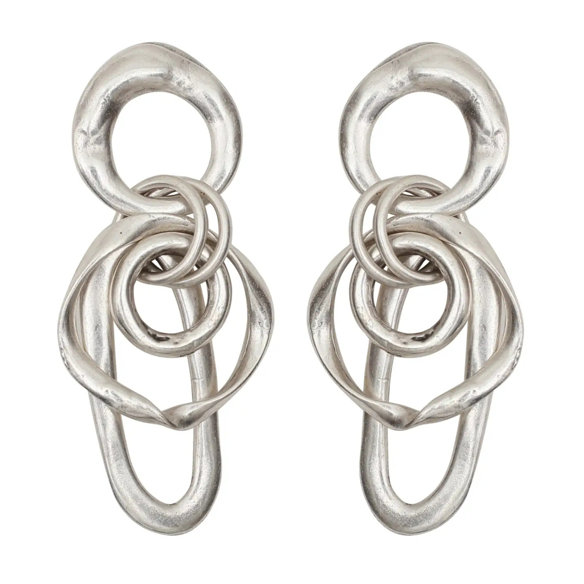 Handmade abstract pewter earrings by Chanour featuring unique, artistic designs and a polished finish.