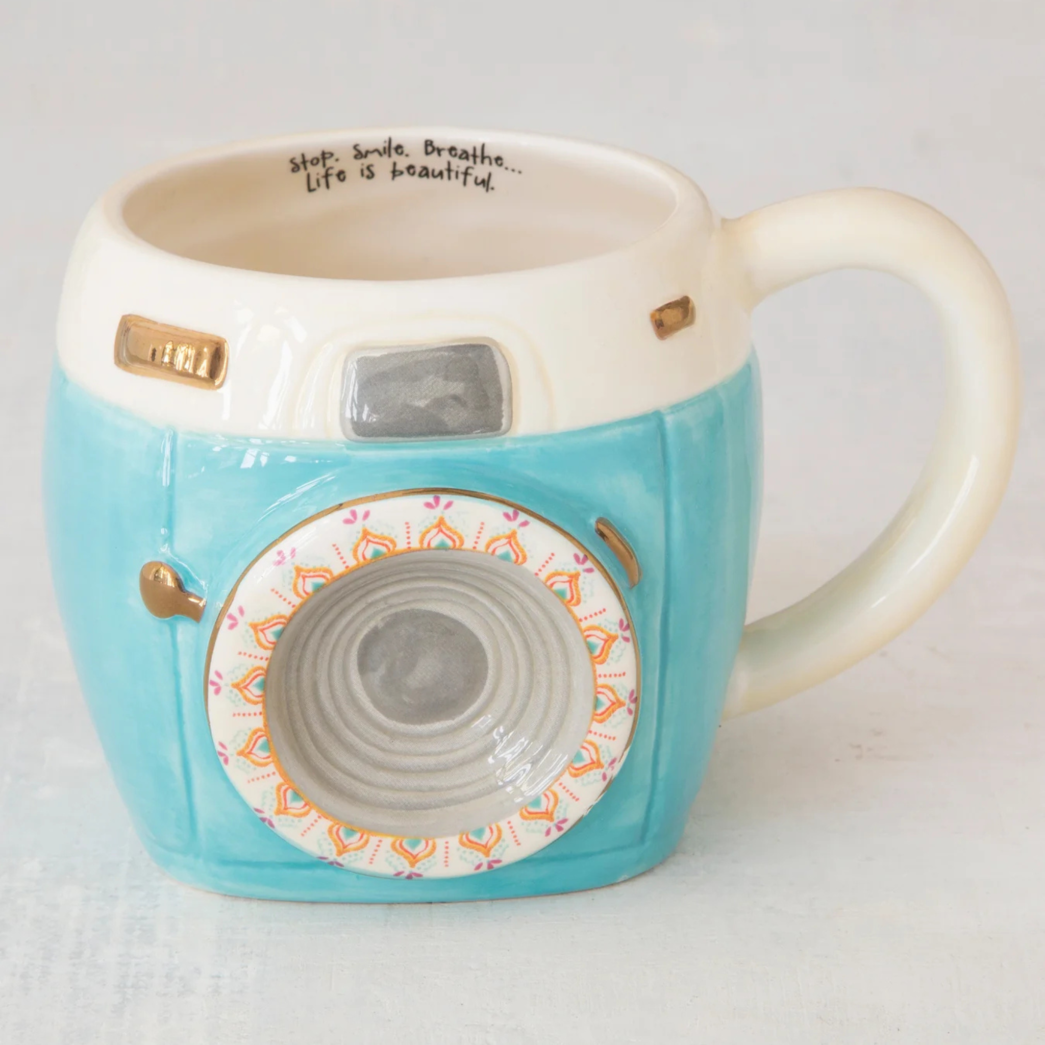 Natural Life Folk Art Coffee Mug featuring Imogene The Camera with colorful folk art design and a comfortable handle.