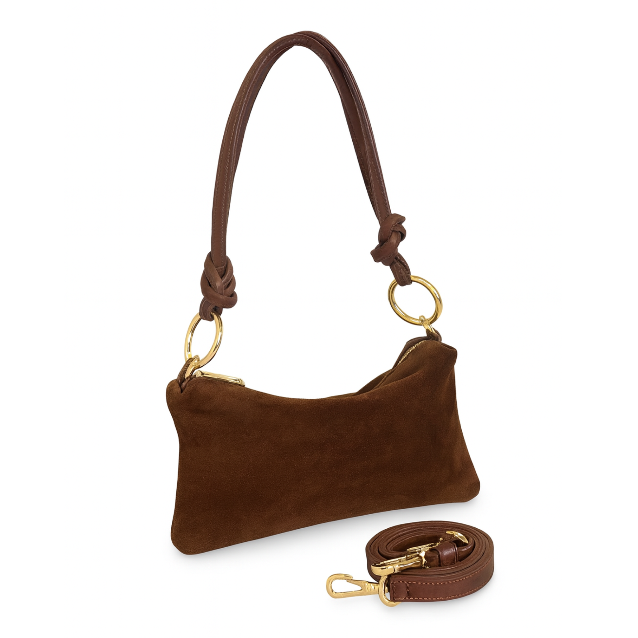 Private label suede shoulder bag with knotted handle, stylish handbag featuring soft texture and modern design.