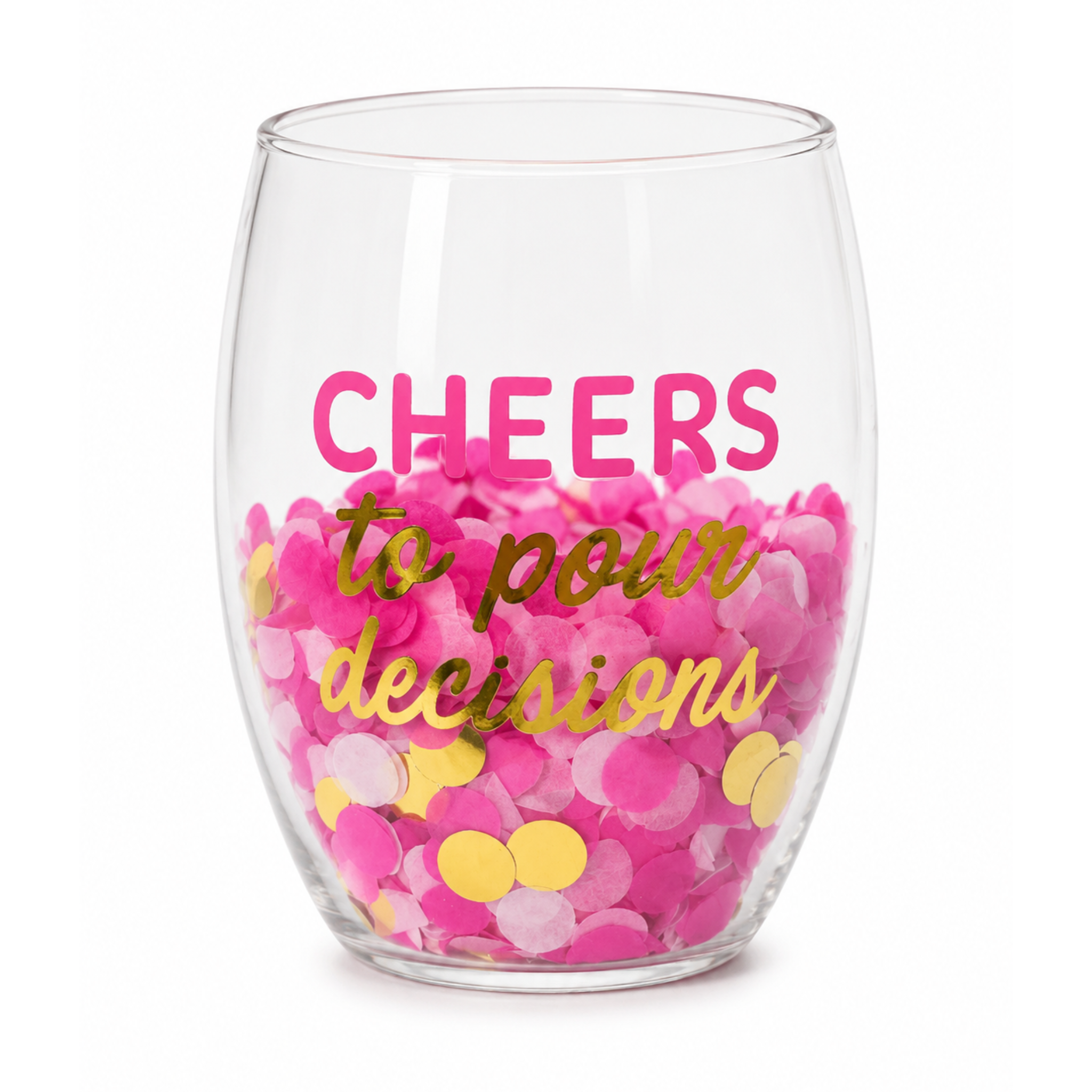 Mudpie Pour Decisions confetti wine glass with colorful confetti accents, elegant stem and clear glass bowl for wine.
