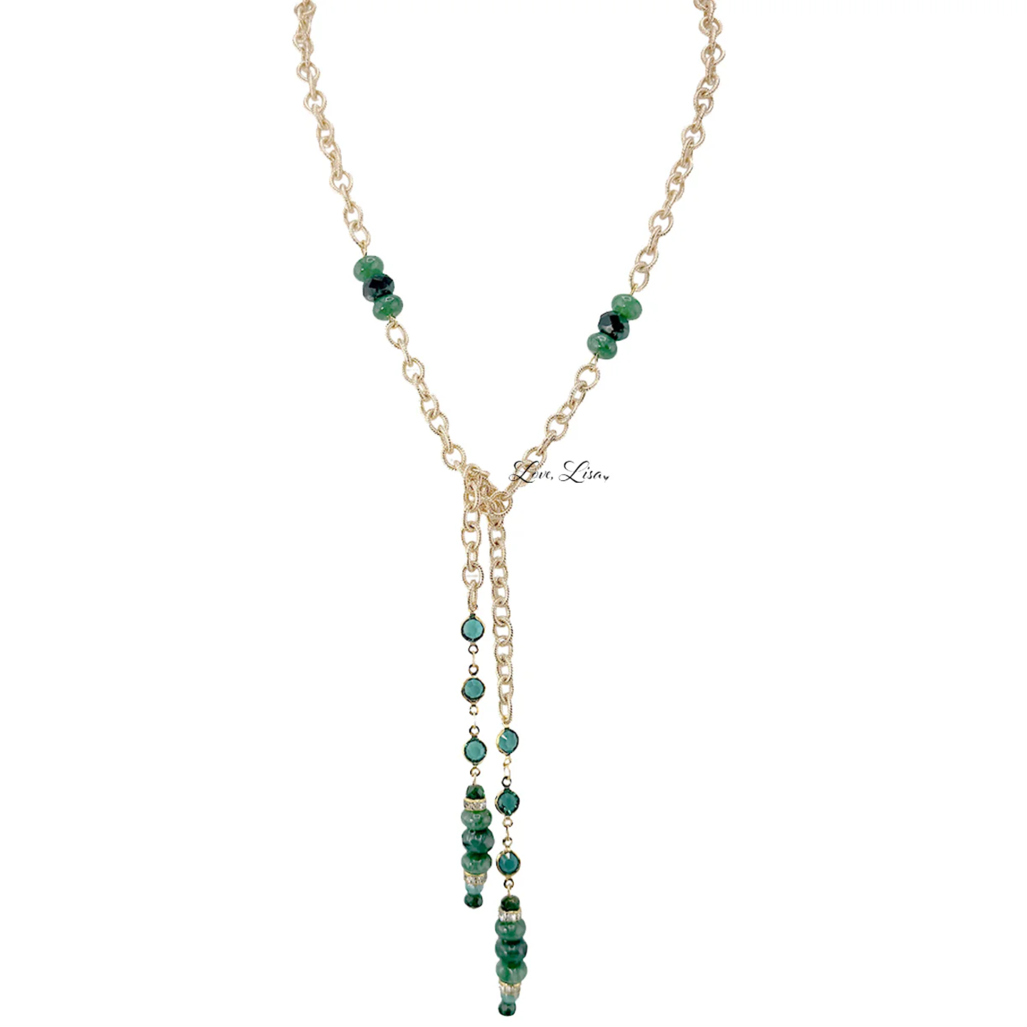 Love Lisa Serenova Lariat Necklace with delicate chain and elegant pendant, stylish jewelry accessory for women.