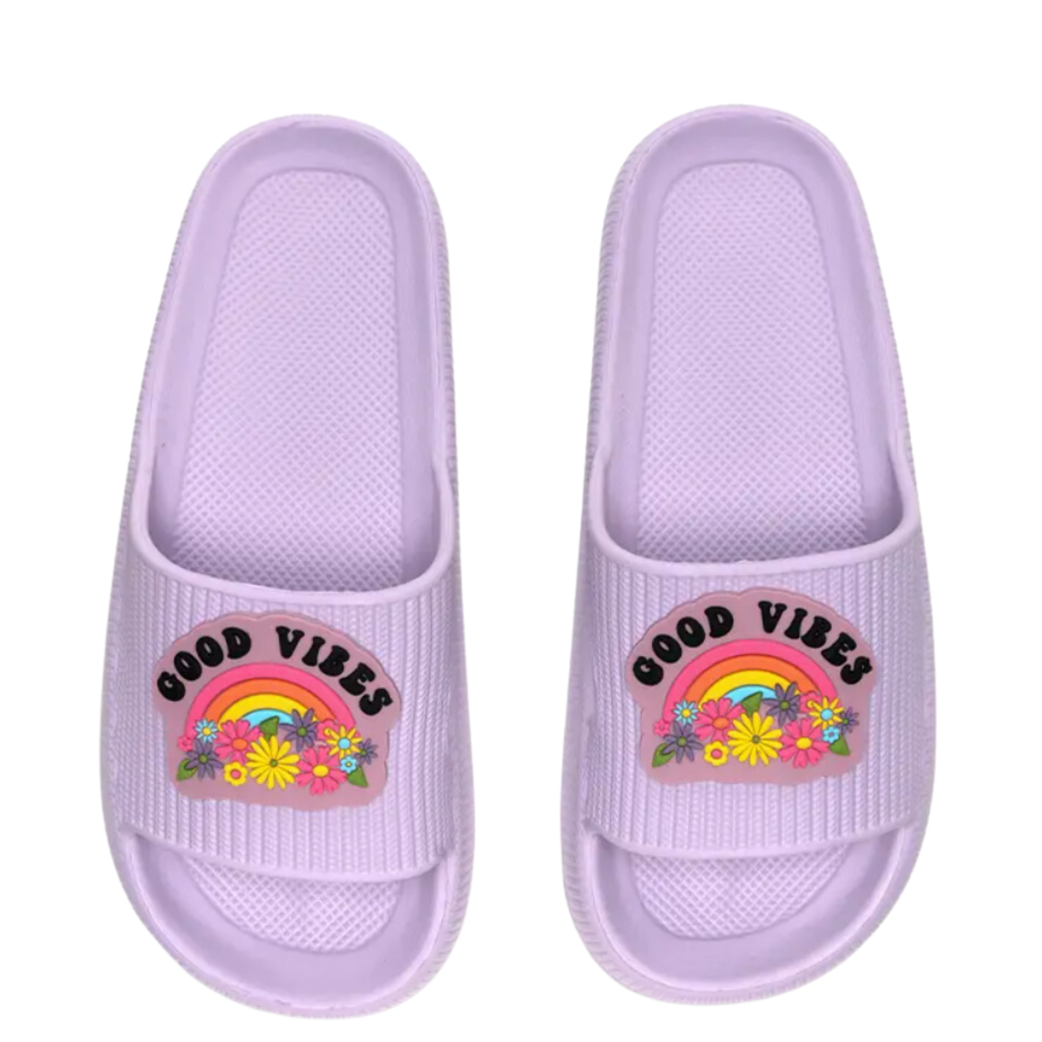Living Royal Pool Good Vibes slides featuring a vibrant design and comfortable fit for casual summer wear.