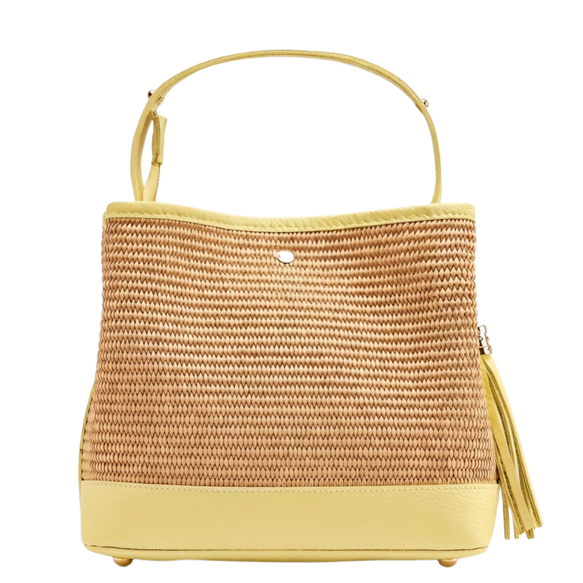 Natural raffia handbag with genuine leather accents, stylishly designed for casual and everyday use.