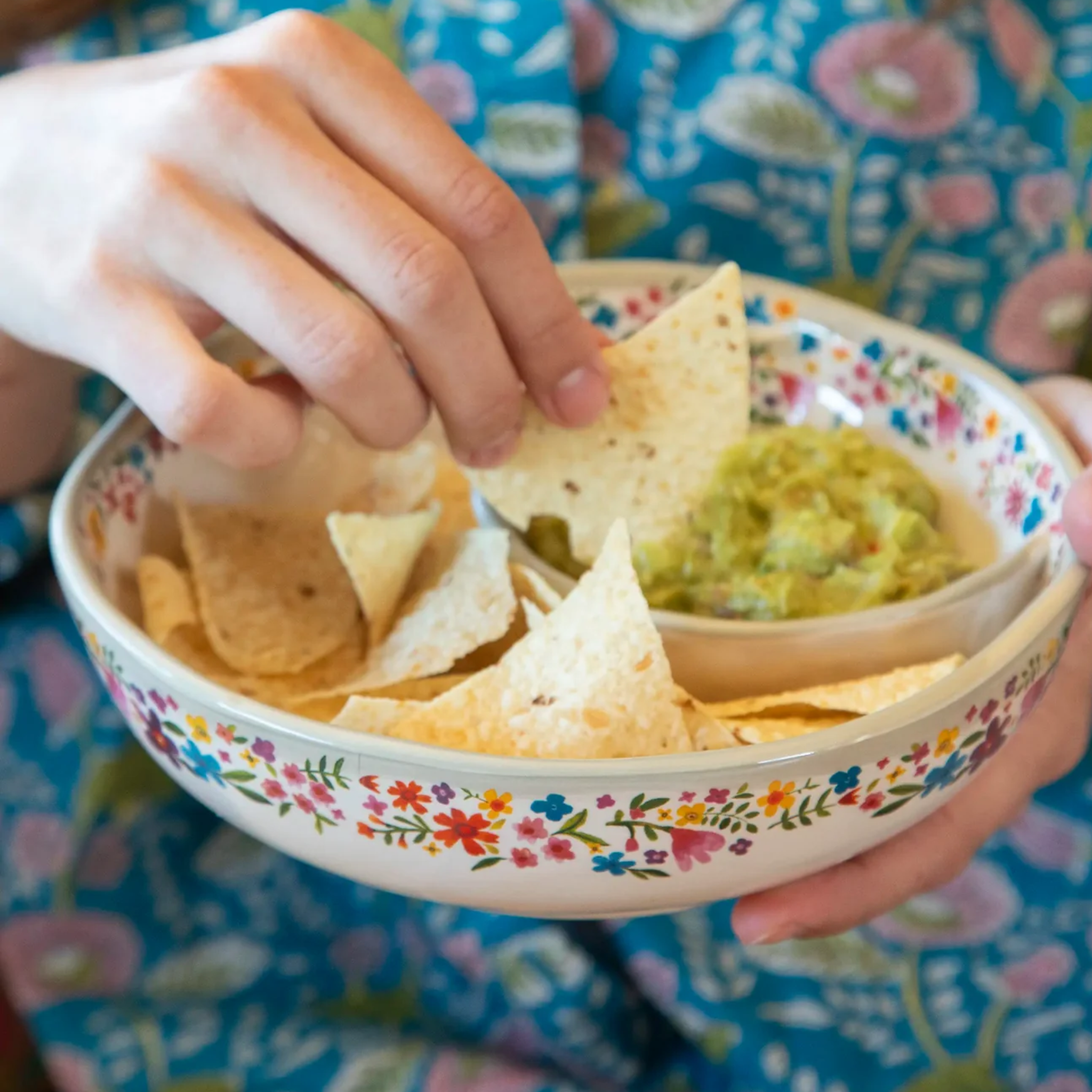 Natural Life personal chip and dip bowl with colorful design, featuring a separate section for chips and dip.