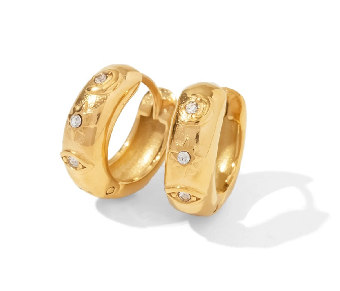 Chubby hoop earrings featuring an evil eye design with CZ stones in waterproof 18K gold PVD finish.