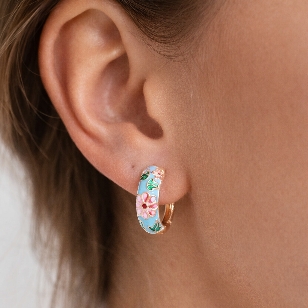 Vintage cloisonne enamel floral hoop earrings with colorful design, crafted by Private Label, showcasing intricate craftsmanship.