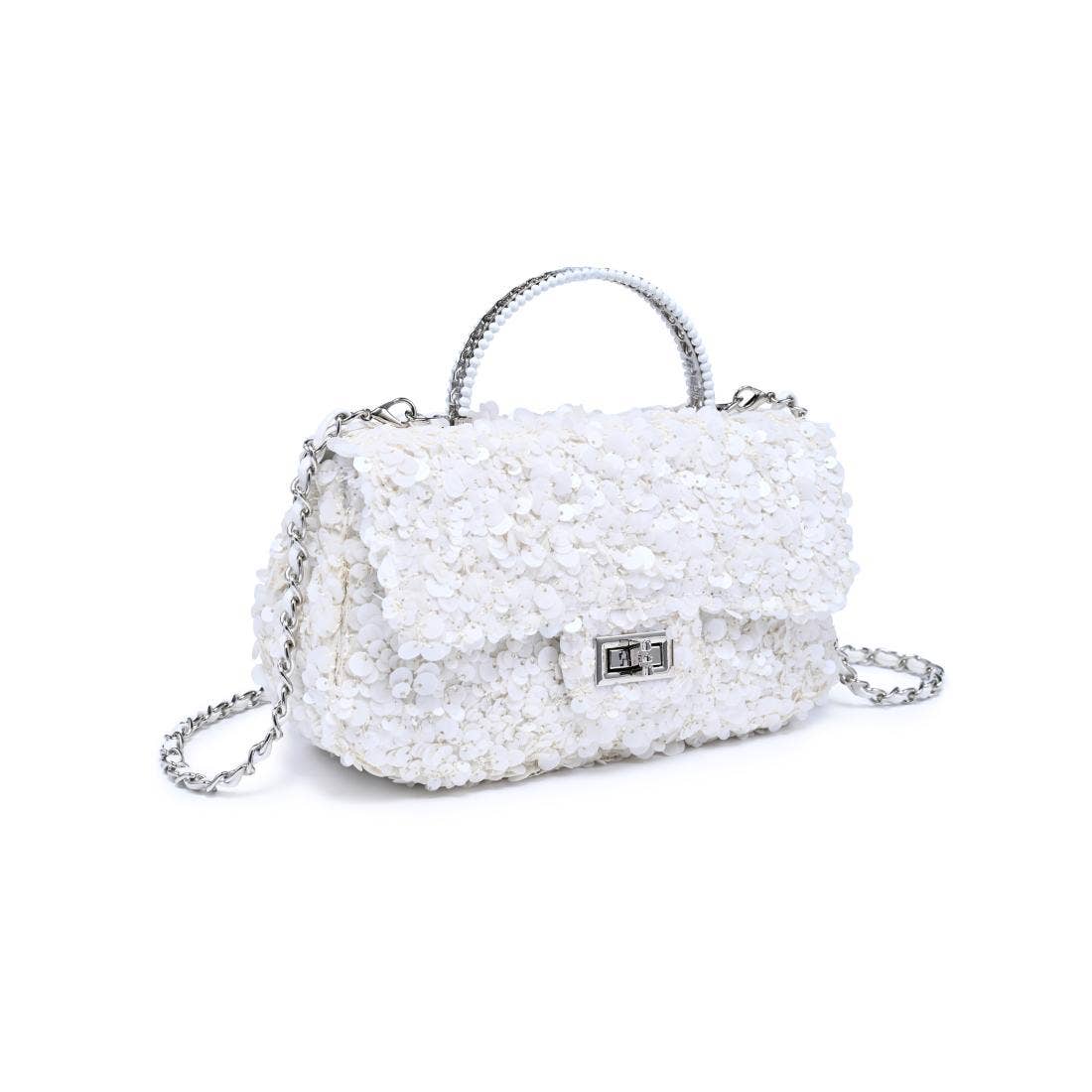 Urban Expressions Ella evening bag with sleek design, featuring a silver chain strap and elegant black leather exterior.