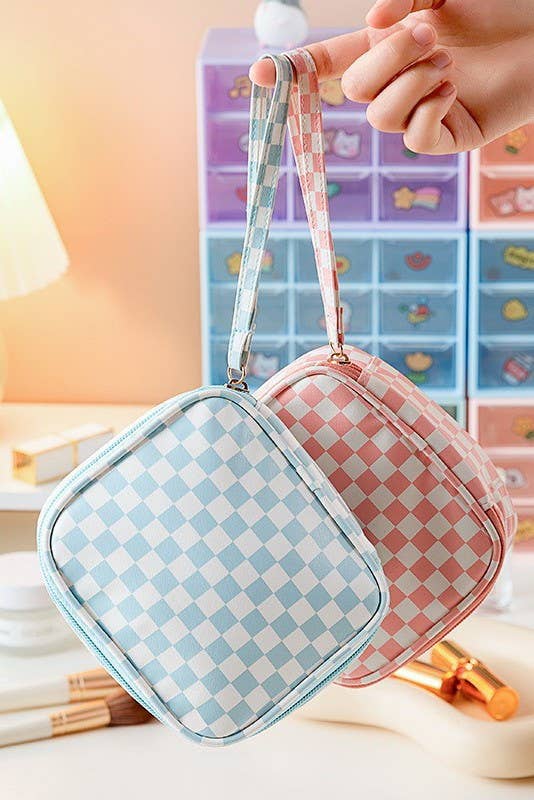 Travel checker makeup cosmetic pouch bag by Private Label, featuring a compact design with multiple compartments for cosmetics.