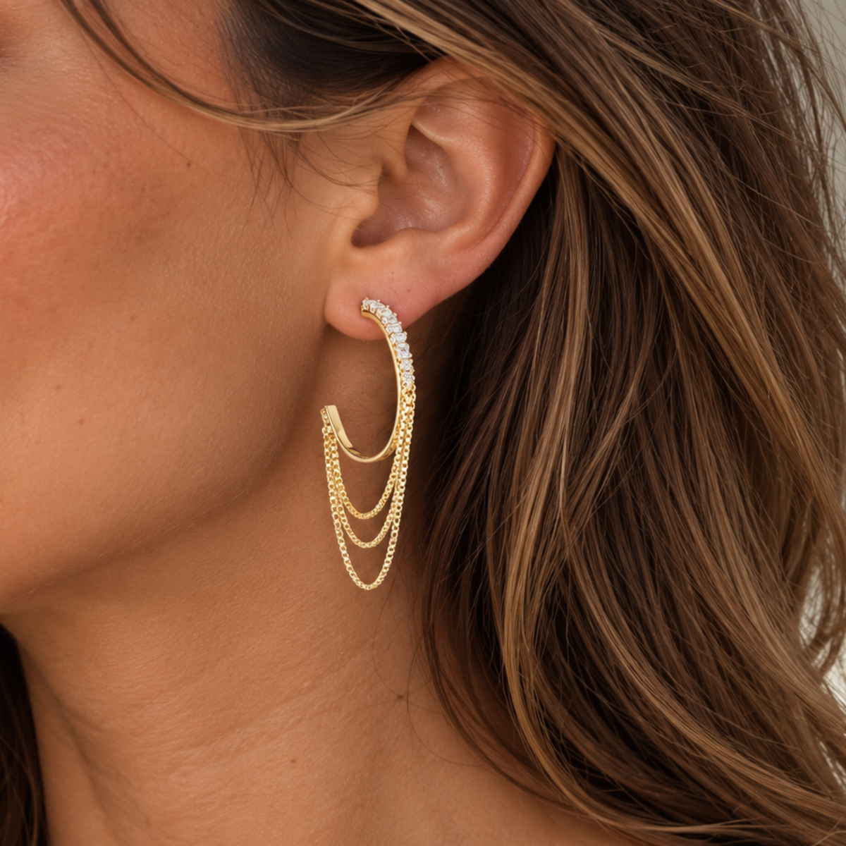 Oval Hoop Earring with Baguette and Drop Chain Detail
