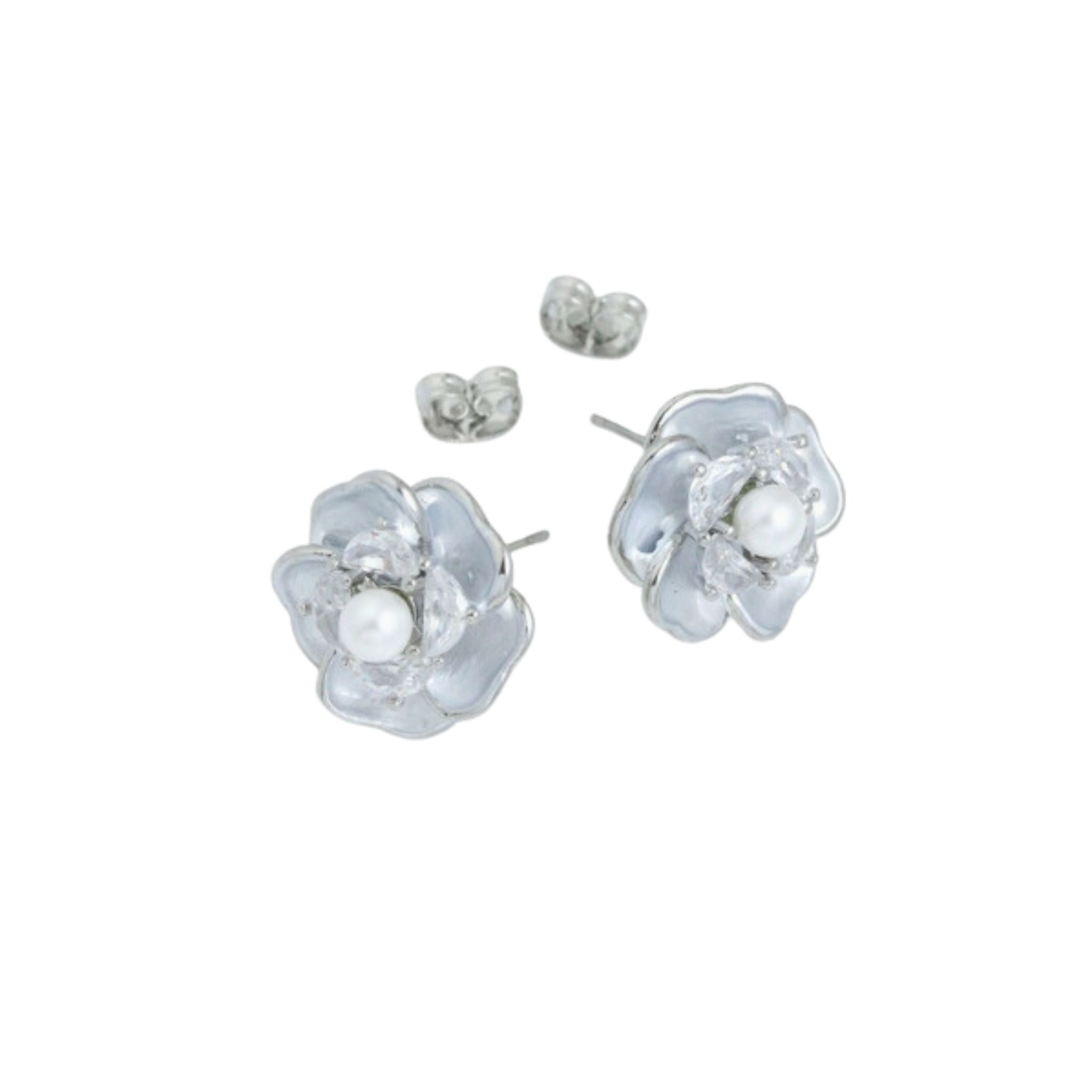 Silver Flower White Pearl Studs - Let's Bag It