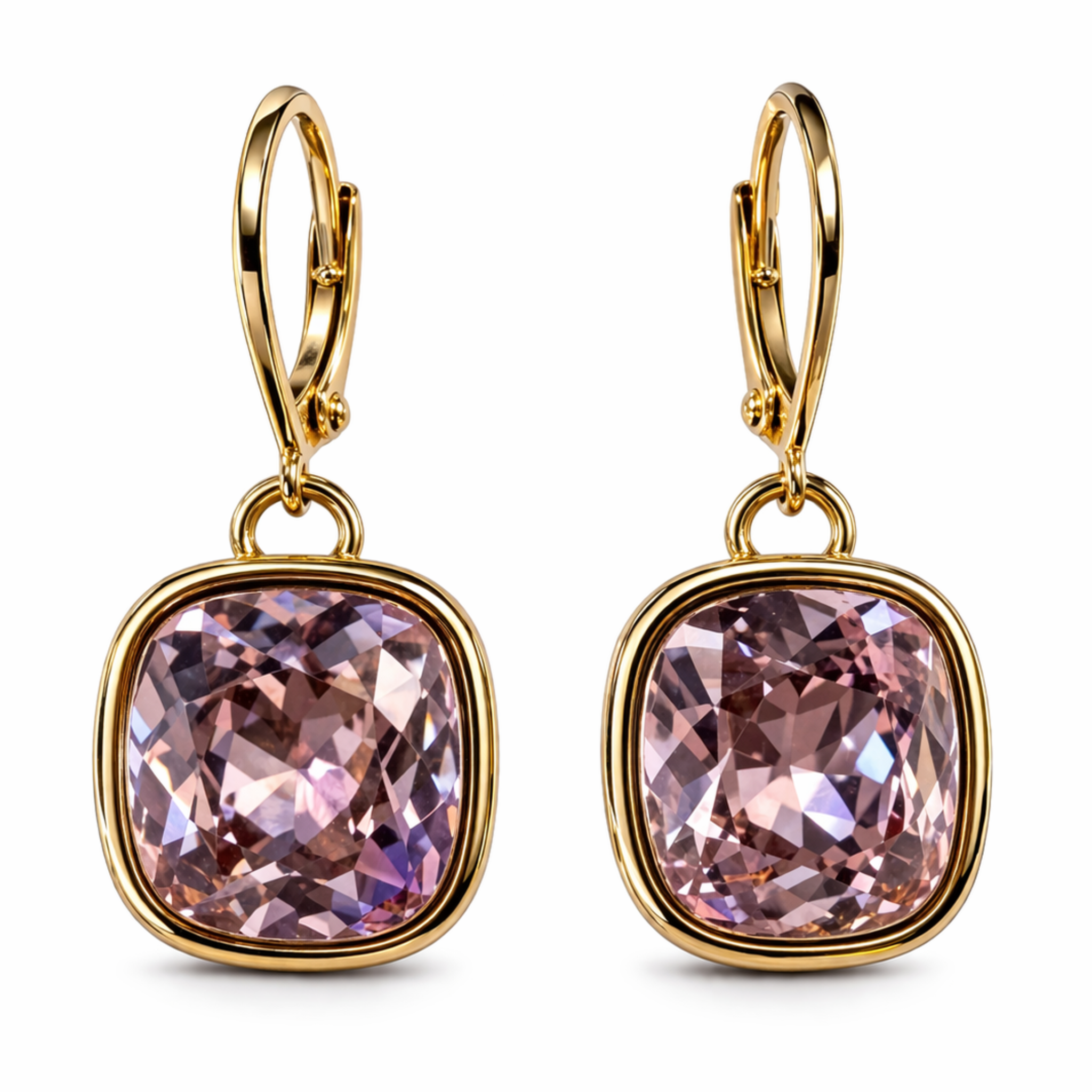 Cathie Nilson framed drop earrings with geometric design and metallic finish, hanging from a display.
