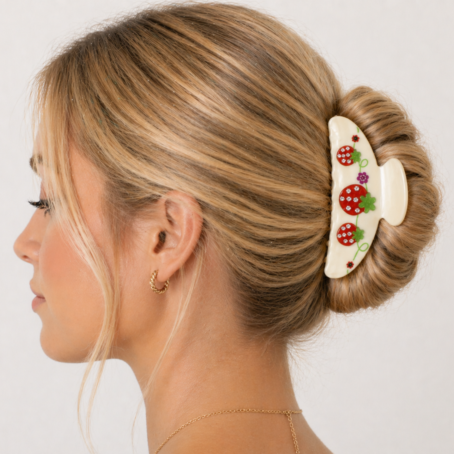 Private label Strawberry Fields claw clip for hair, featuring a vibrant strawberry design and durable metal construction.