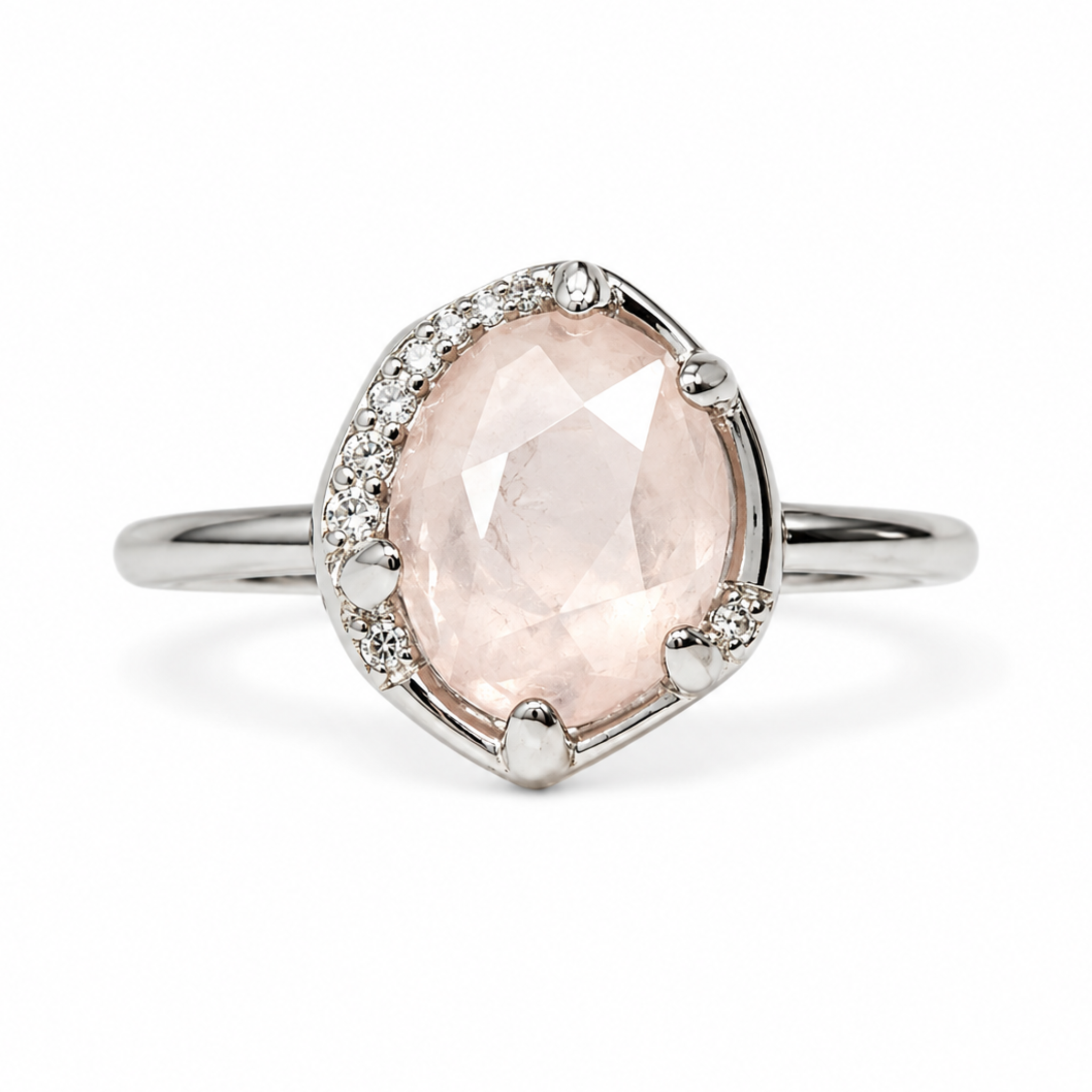 Silver oval gemstone adjustable ring with crystal accents, featuring a stylish and elegant design.