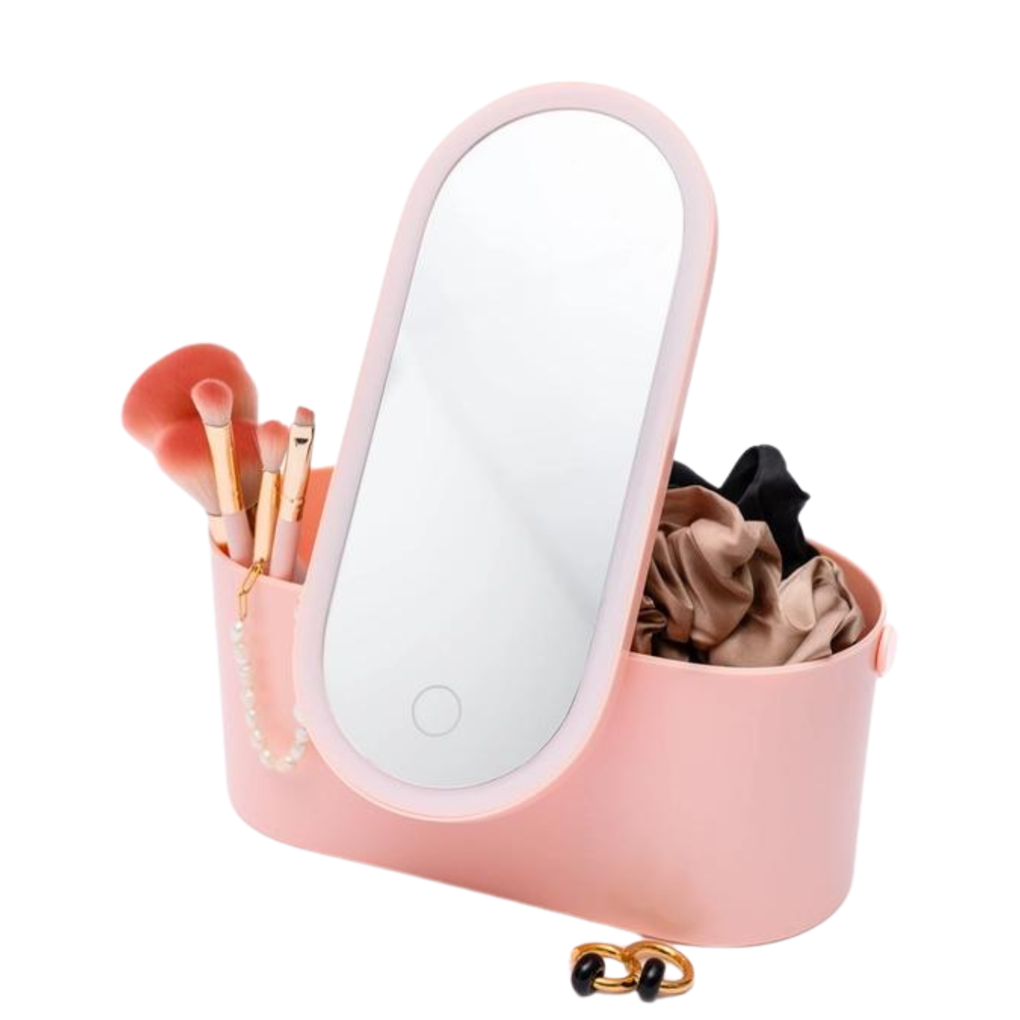 Avenue portable beauty storage travel pouch with built-in LED mirror, featuring multiple compartments for cosmetics and accessories.