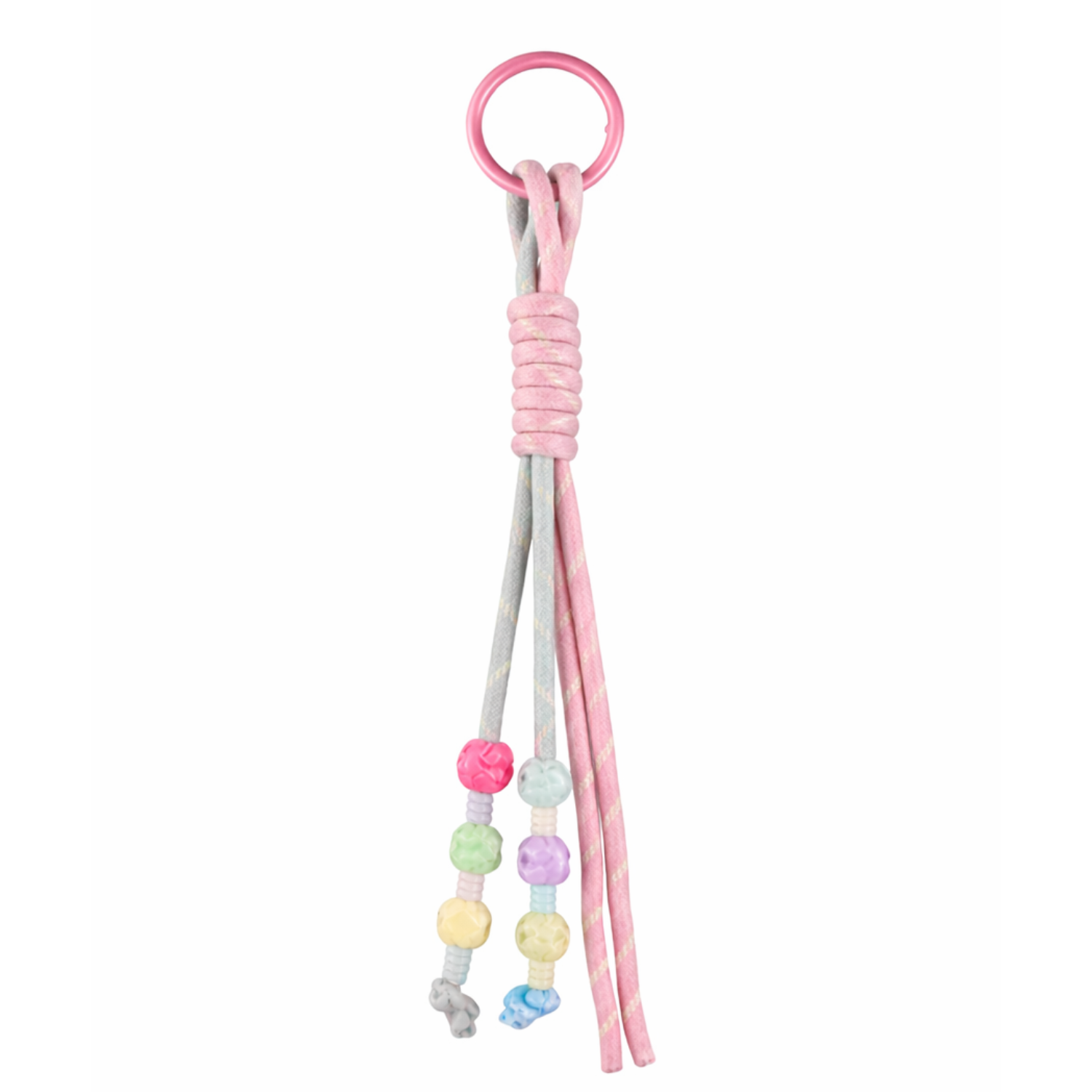 Colorful beaded knot rope bag charm keychain with playful design, ideal for decorating bags and accessories.