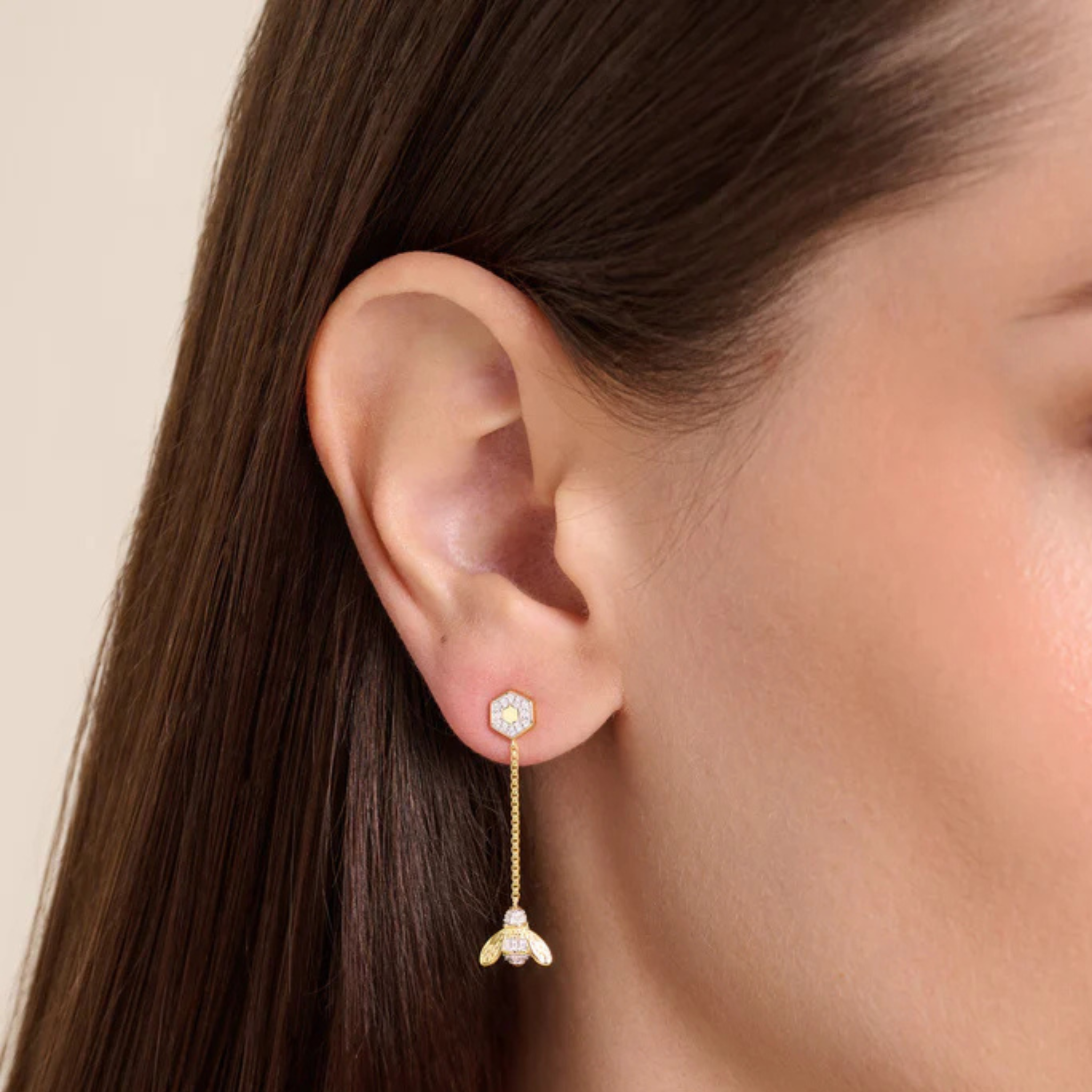 Honey Bee Dangle Stud Earrings in 14k Yellow Gold Plated Sterling Silver - Let's Bag It