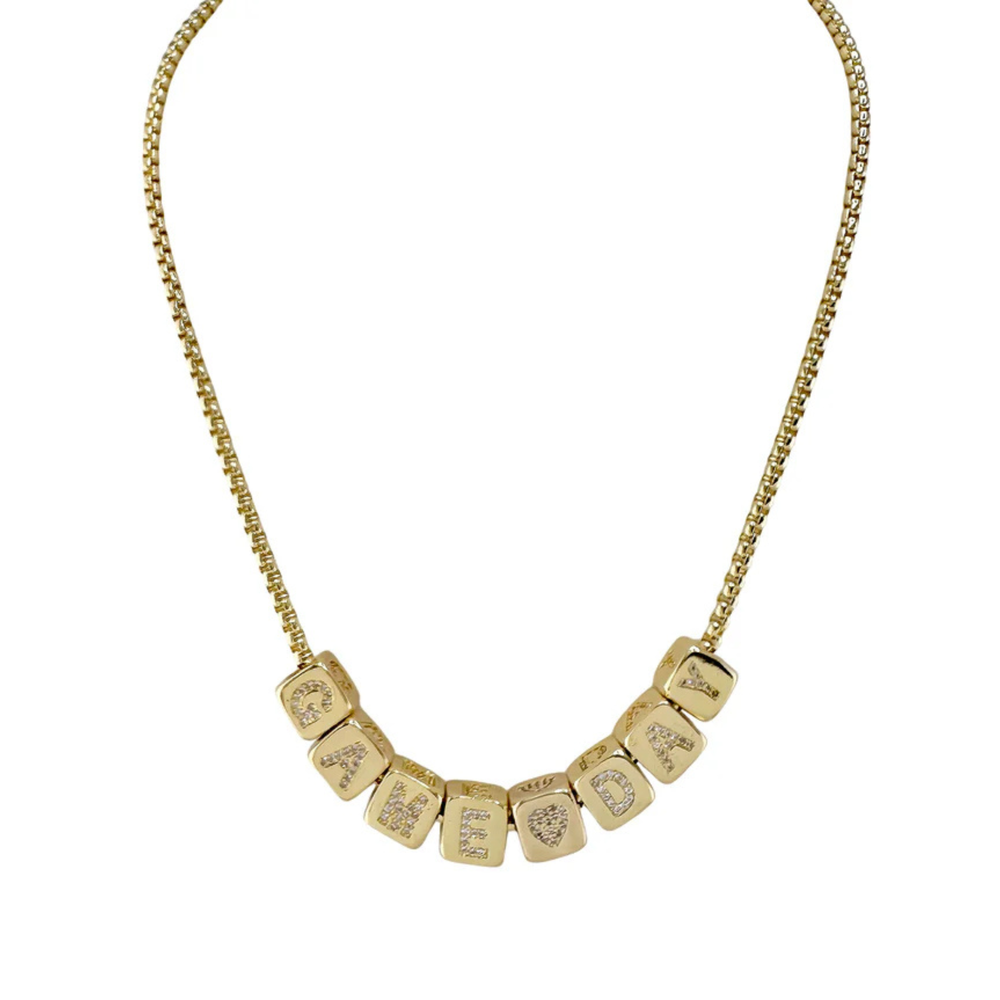 Amelia large block letter personalized necklaces by Love Lisa in gold, showcasing elegant custom lettering and chain design.