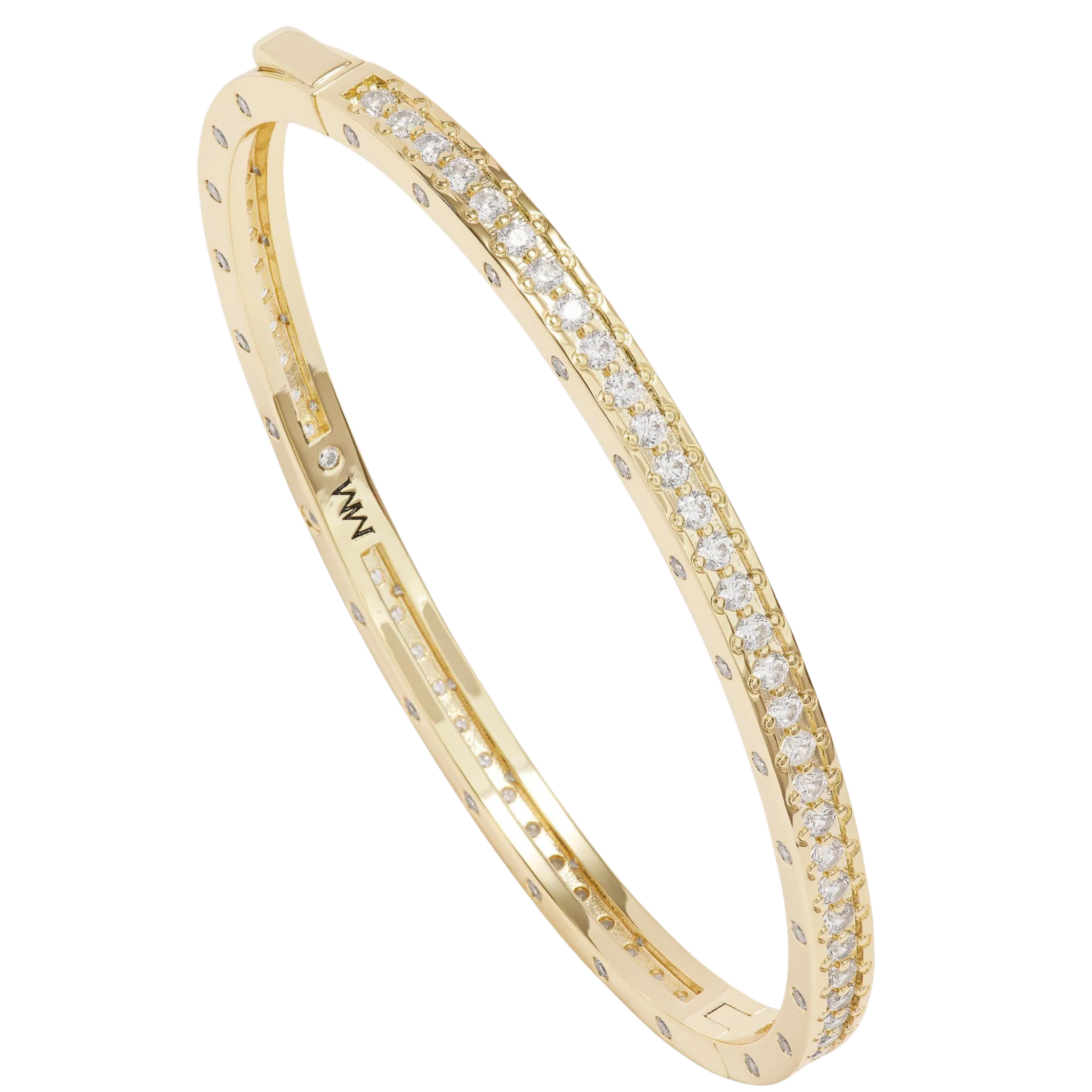 Melinda Maria gold bracelet featuring a 4mm Ashley Pavé cuff adorned with white diamonettes.