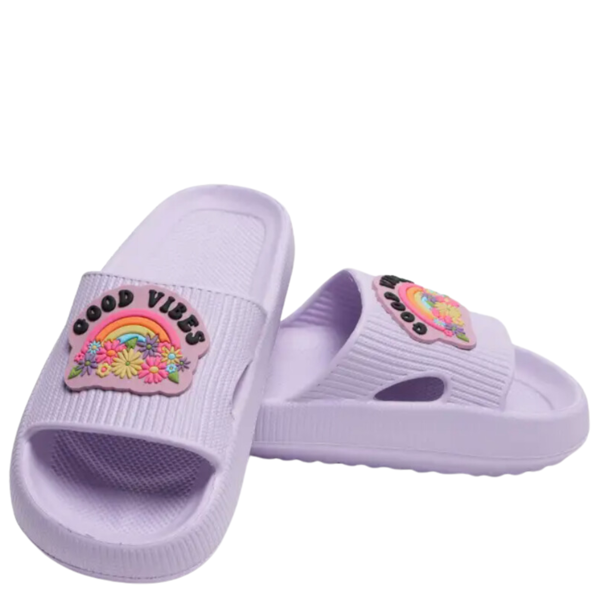 Living Royal Pool Good Vibes slides featuring a colorful design and comfortable slip-on style for summer wear.