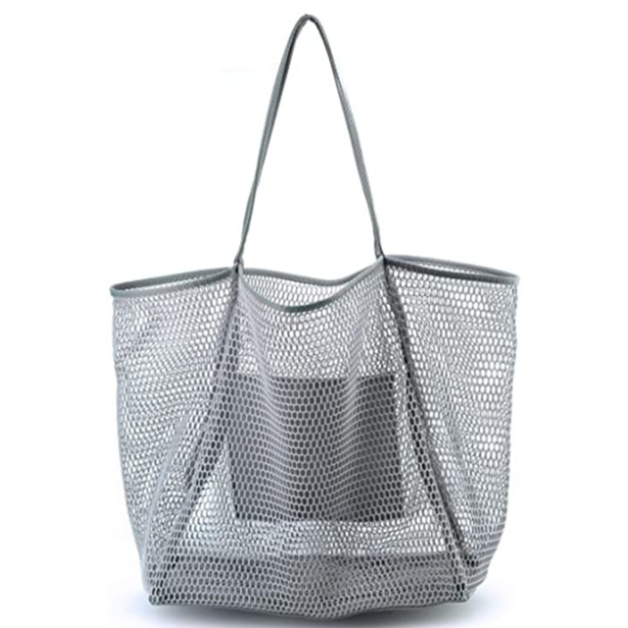Mesh beach tote handbag in vibrant colors, designed to be sandproof and waterproof for seaside adventures.