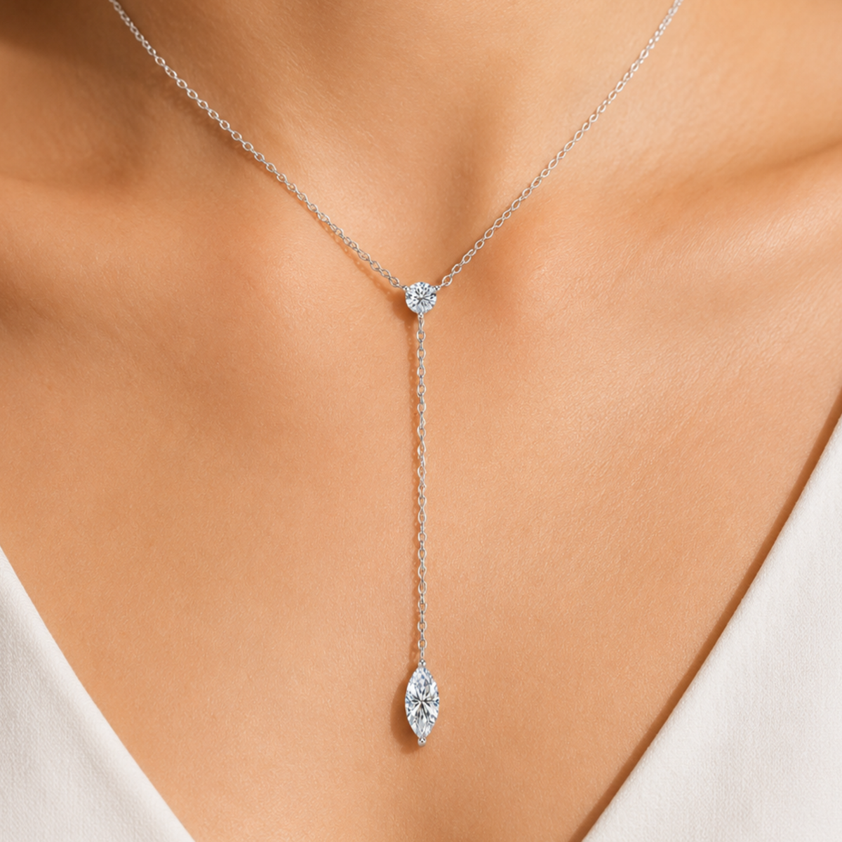 Marquise Moissanite Drop Y Necklace in 925 Sterling Silver
