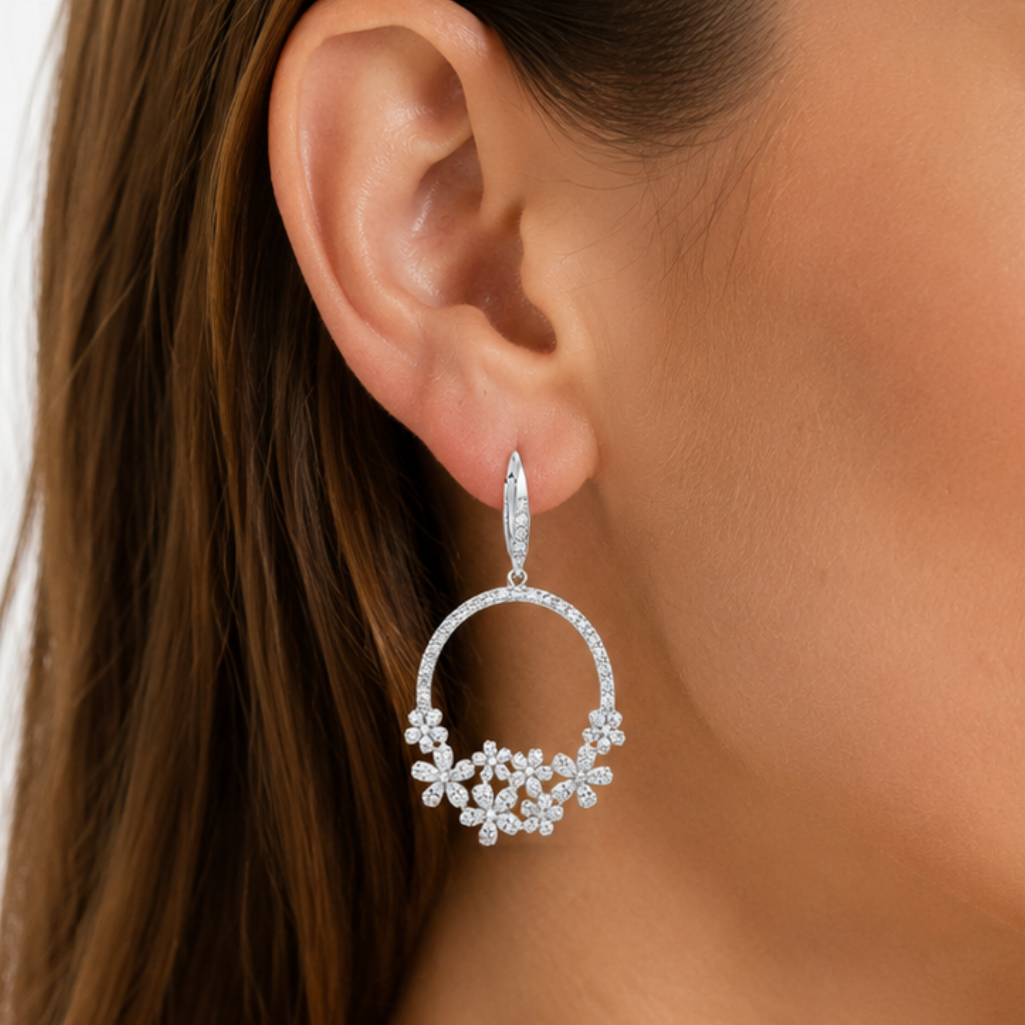 CZ Floral Dangle Hoop Evening Earring