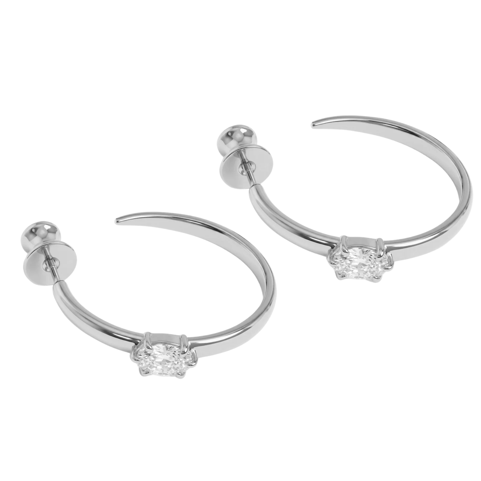Silver She's on Point Hoops 1-inch earrings by Melinda Maria with white diamondette accents on a white background.