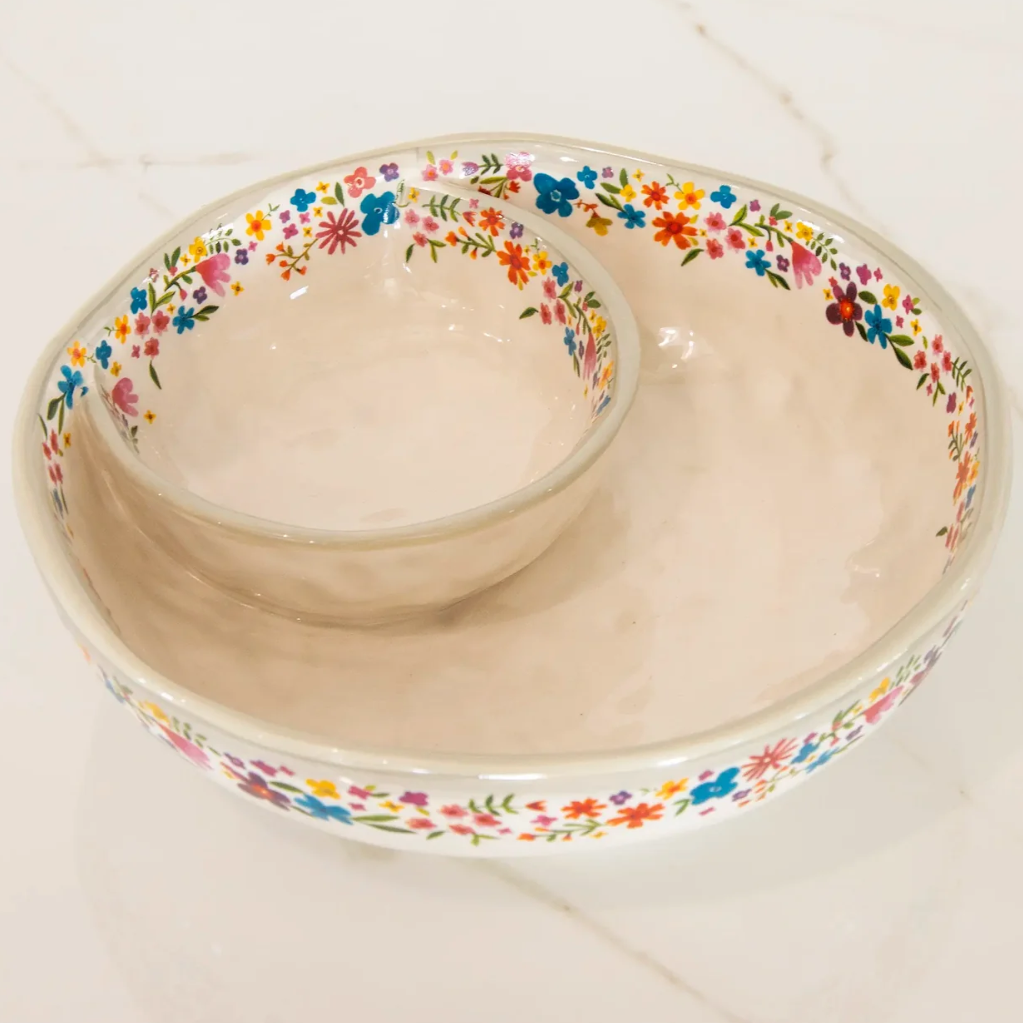 Natural Life personal chip and dip bowl with colorful design and separate compartments for chips and dip.
