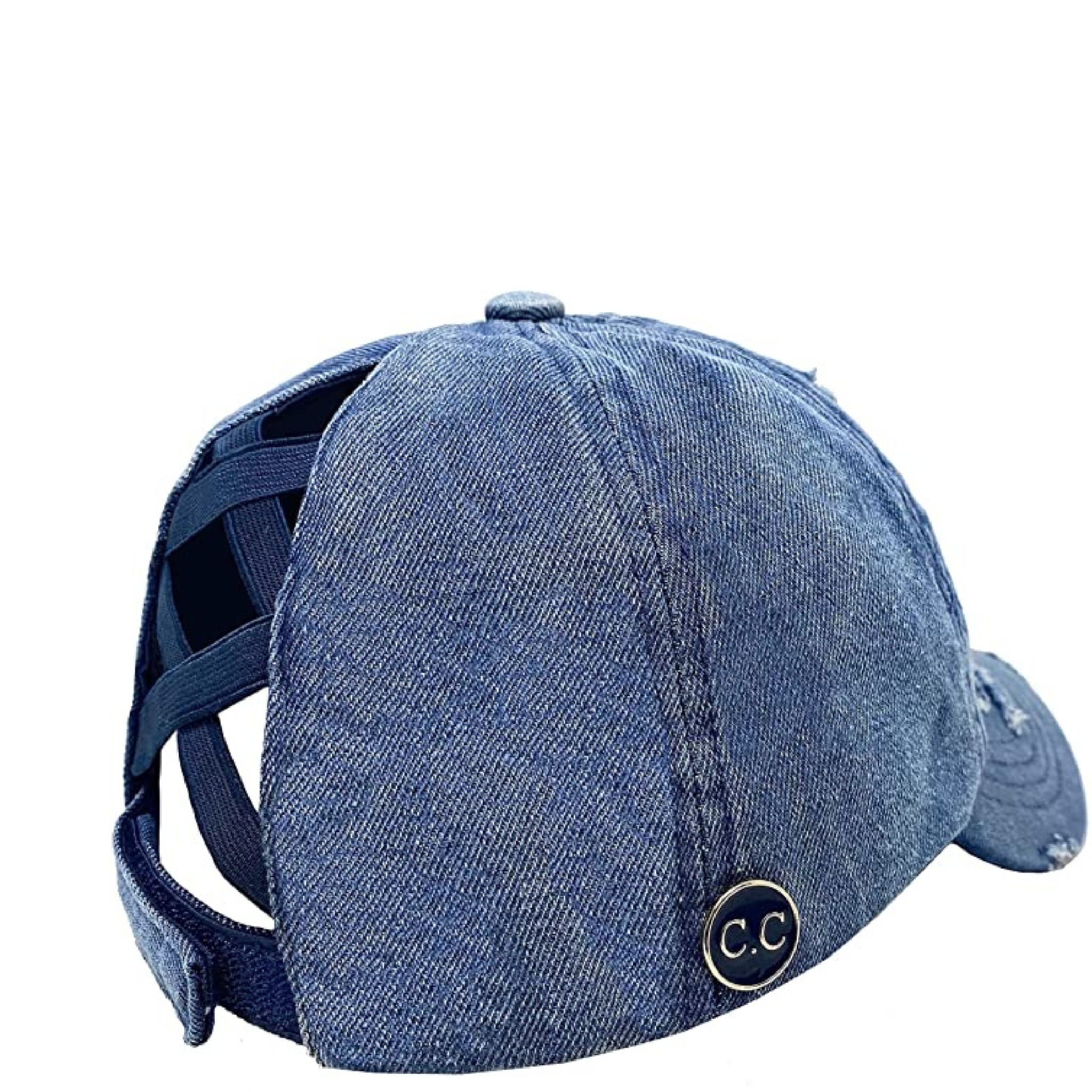 Denim criss cross ponytail cap with button accents from Funky Junque, showing front view with adjustable strap and stylish design.