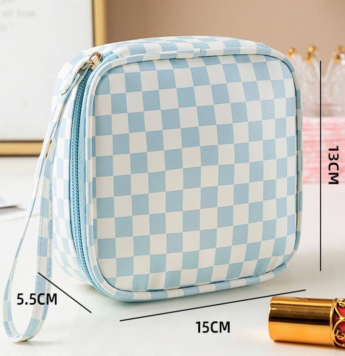 Travel Checker Makeup Cosmetic Pouch Bag from Private Label, showing a compact, stylish pouch with zipper closure for cosmetics.
