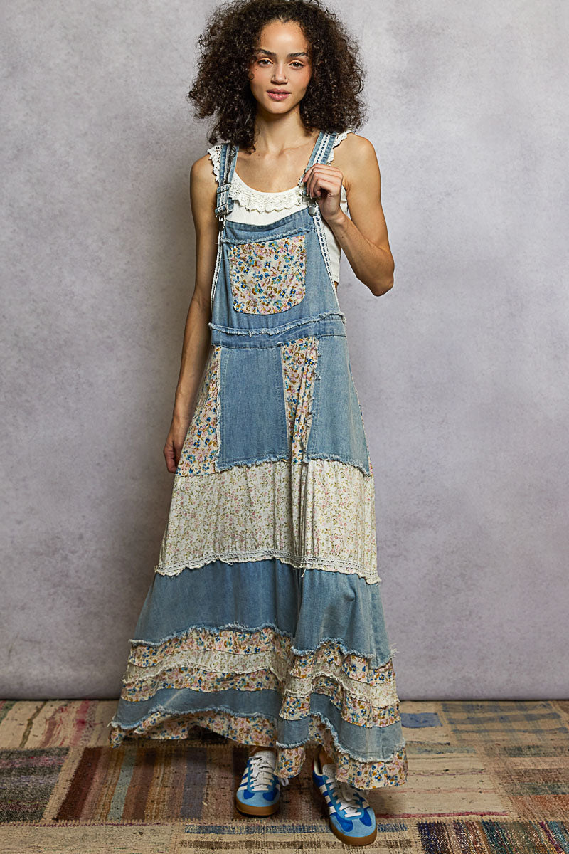 Vintage Washed Front Pocket Floral Contrast Dress